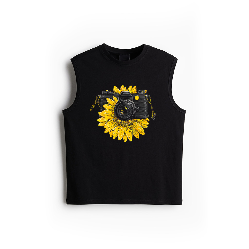 Sunflower Camera Motif Drawing Flower Artwork Sunflower Tank Top