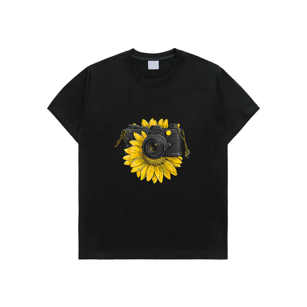 Sunflower Camera Motif Drawing Flower Artwork Sunflower T-Shirt