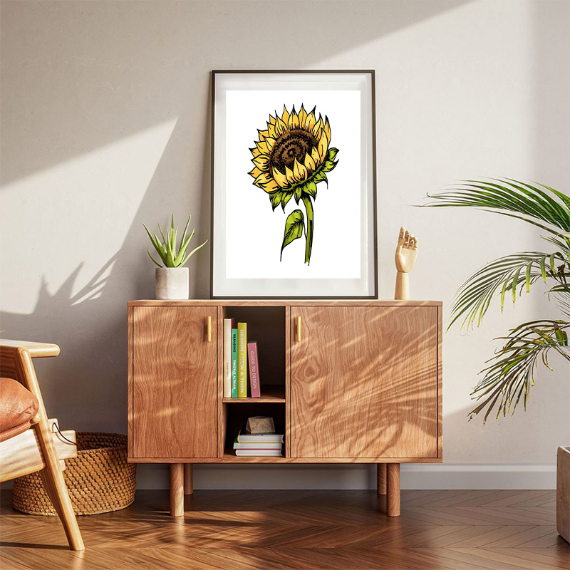 Sunflower Sketch Style Flowers And Leaves Black Seeds Poster