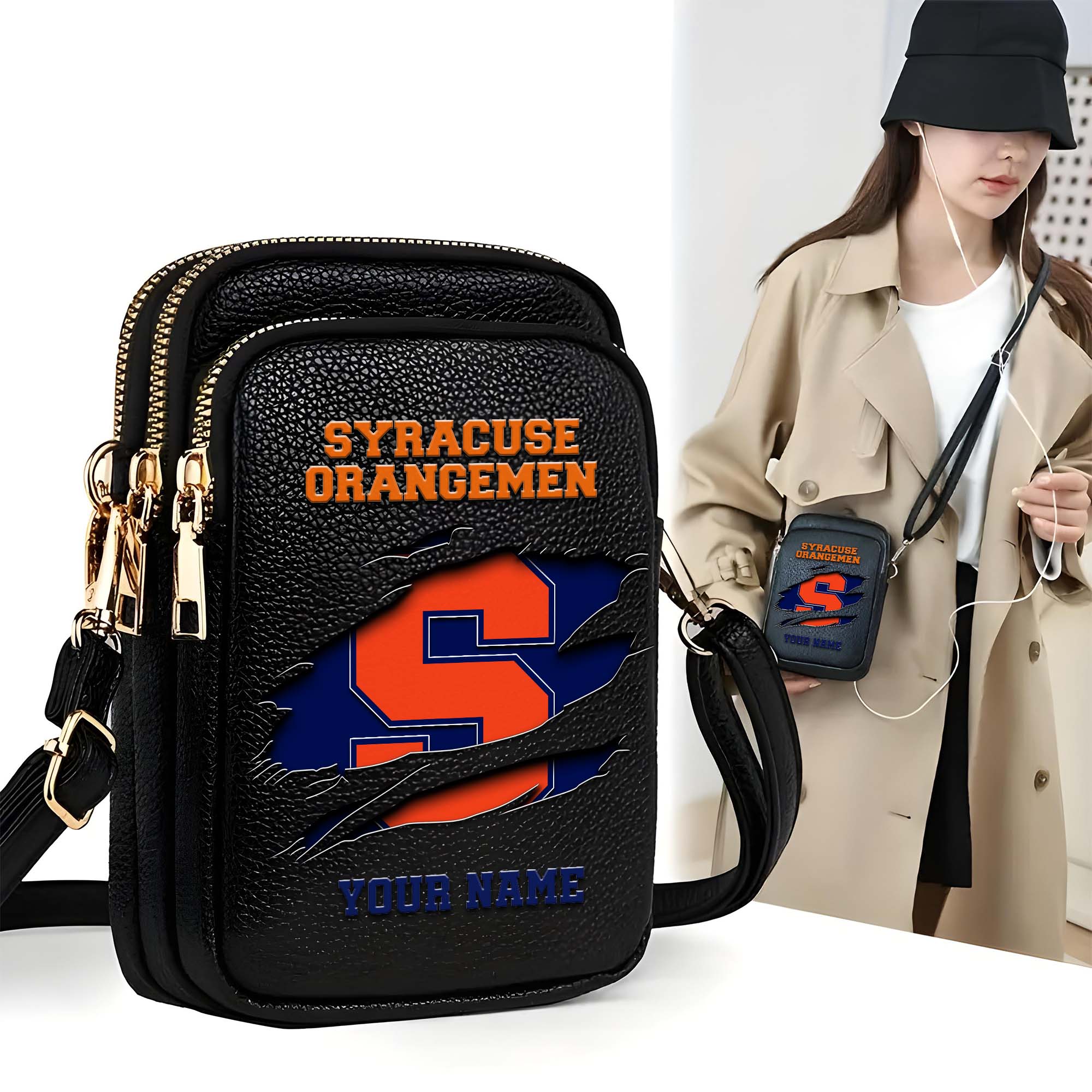 Syracuse Orange Customized Womens Mobile Phone Bag With Your Name, Leather Crossbody Bag, Fan Gifts