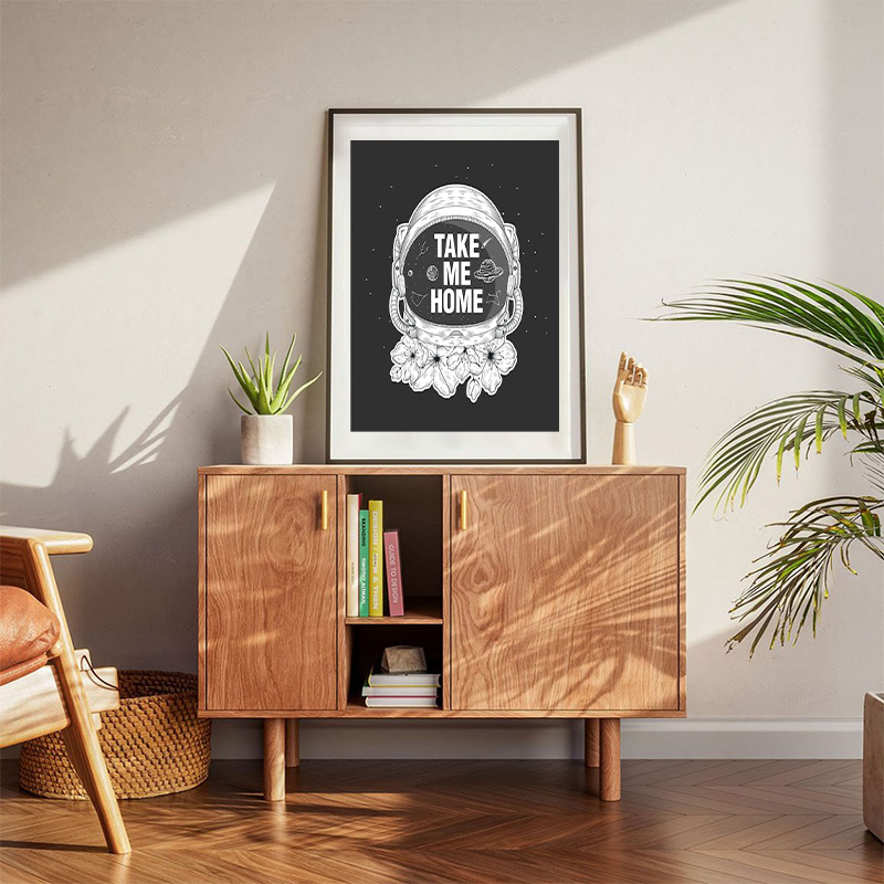 Take Me Home Typography On Astronaut Helmet And Flowers Poster