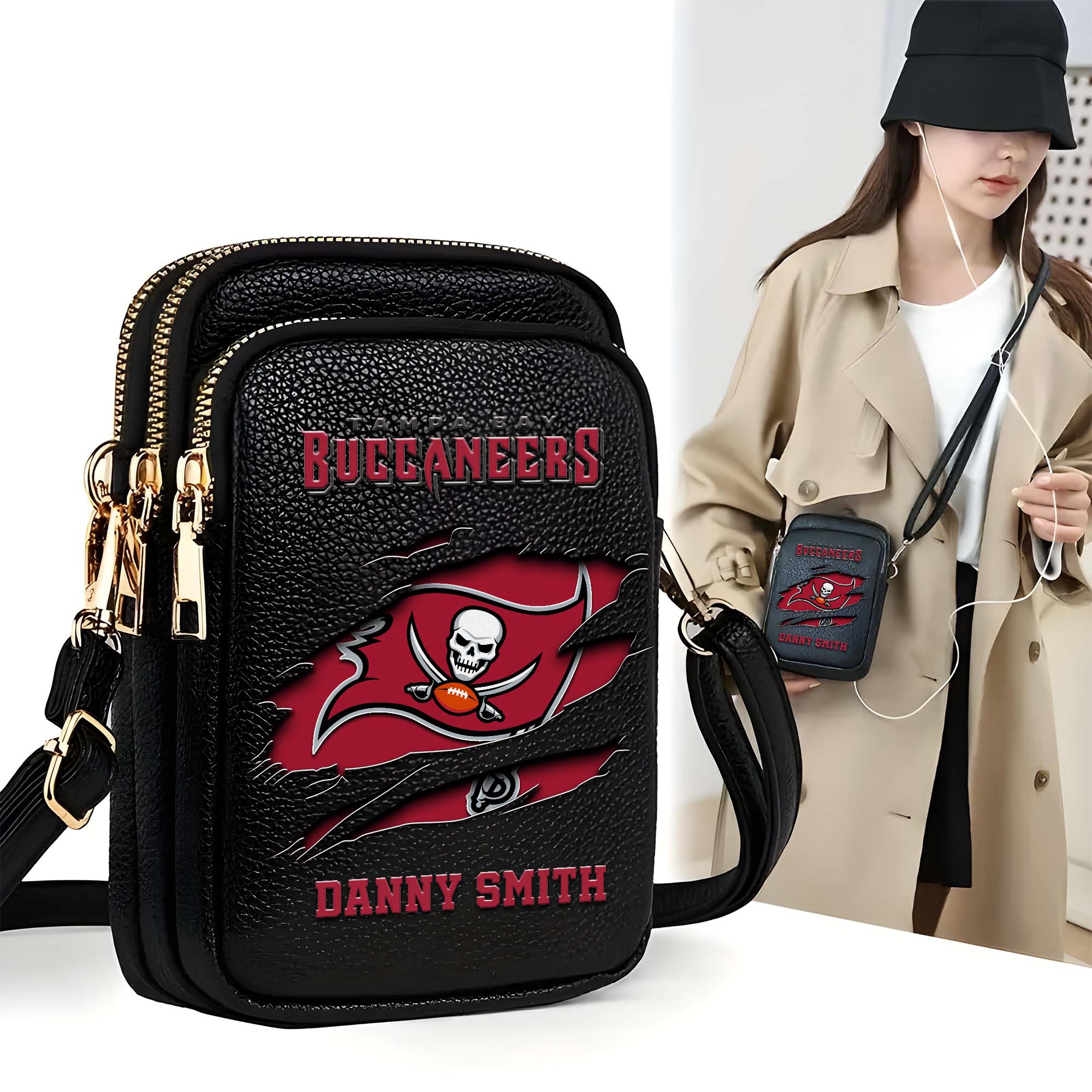Tampa Bay Buccaneers Customized Womens Mobile Phone Bag With Your Name, Leather Crossbody Bag, Fan Gifts