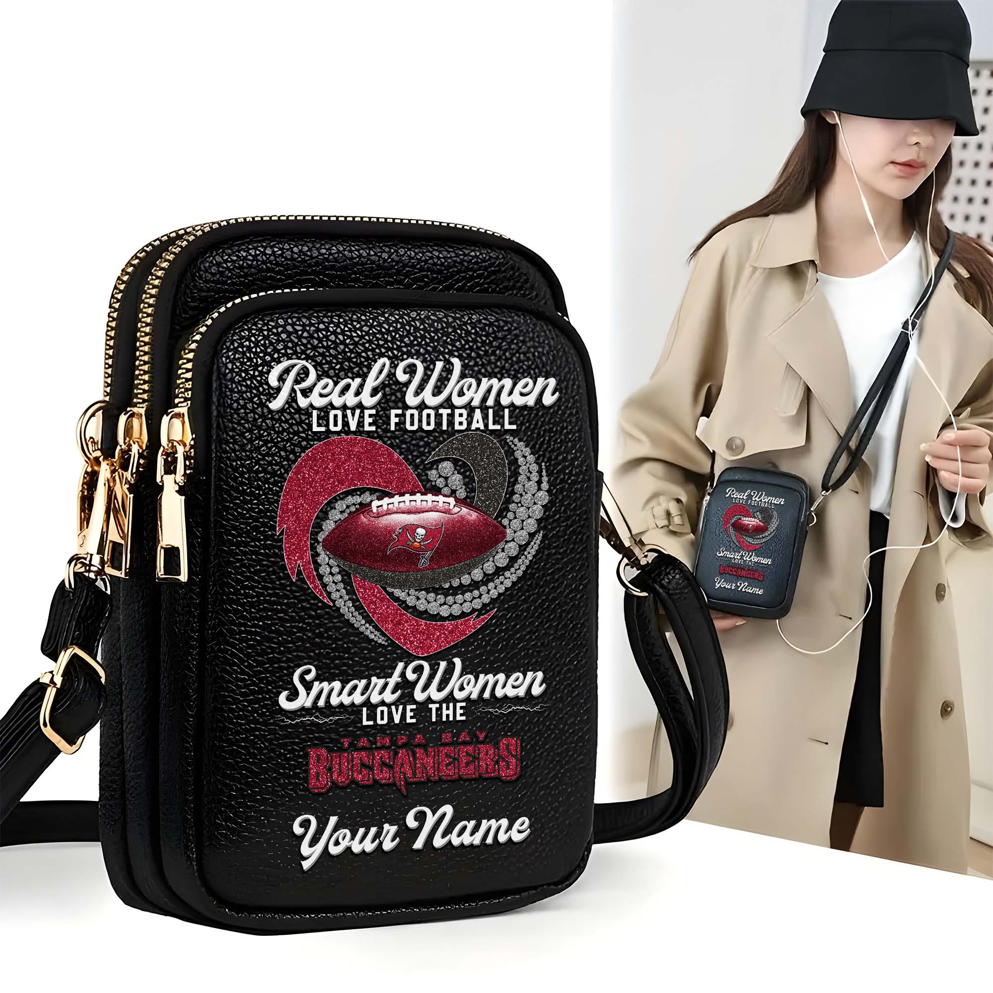 Tampa Bay Buccaneers Customized Womens Mobile Phone Bag With Your Name, Leather Crossbody Bag, Fan Gifts