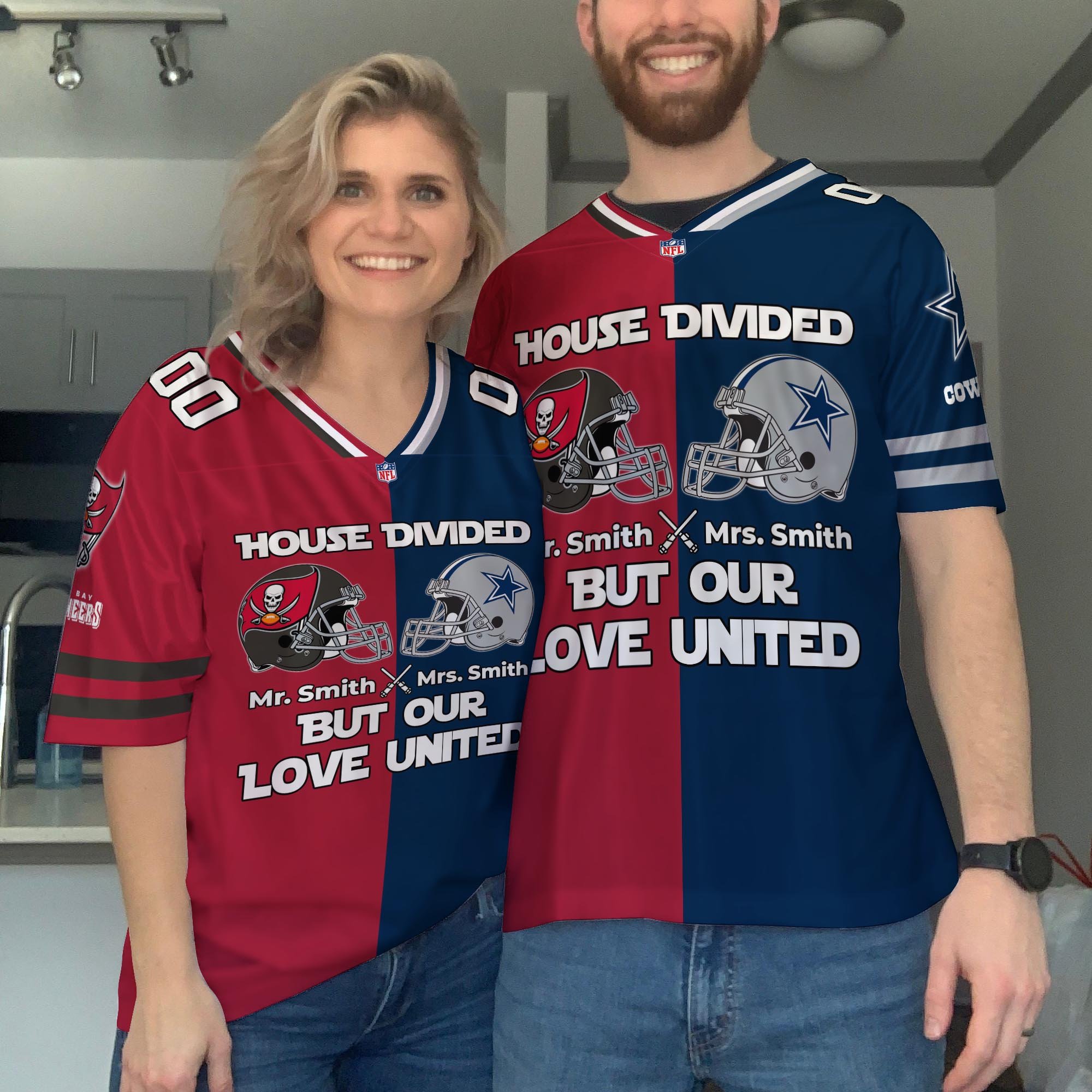 Tampa Bay Buccaneers Football Jersey Custom Husband, Wife Name And Number, House Divided Jersey For Fan