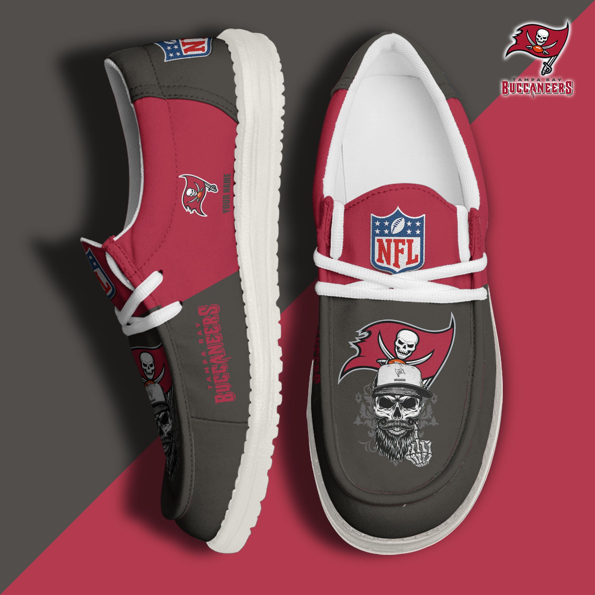 Tampa Bay Buccaneers H D White Canvas Loafer Shoes Custom Your Name, Sport Canvas Loafer Shoes