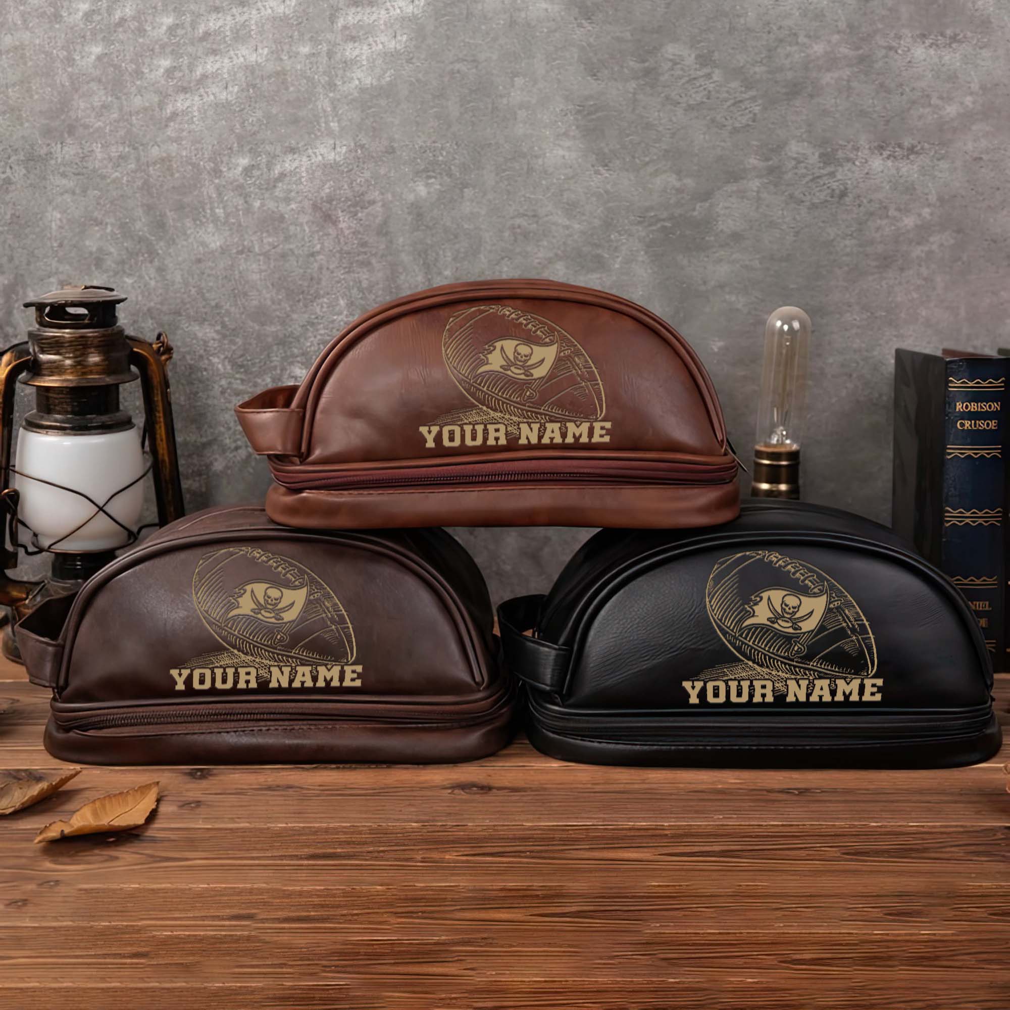 Tampa Bay Buccaneers Mens Leather Toiletry Bag, Engraved Leather Dopp Kit Bag, Football Fan Gifts