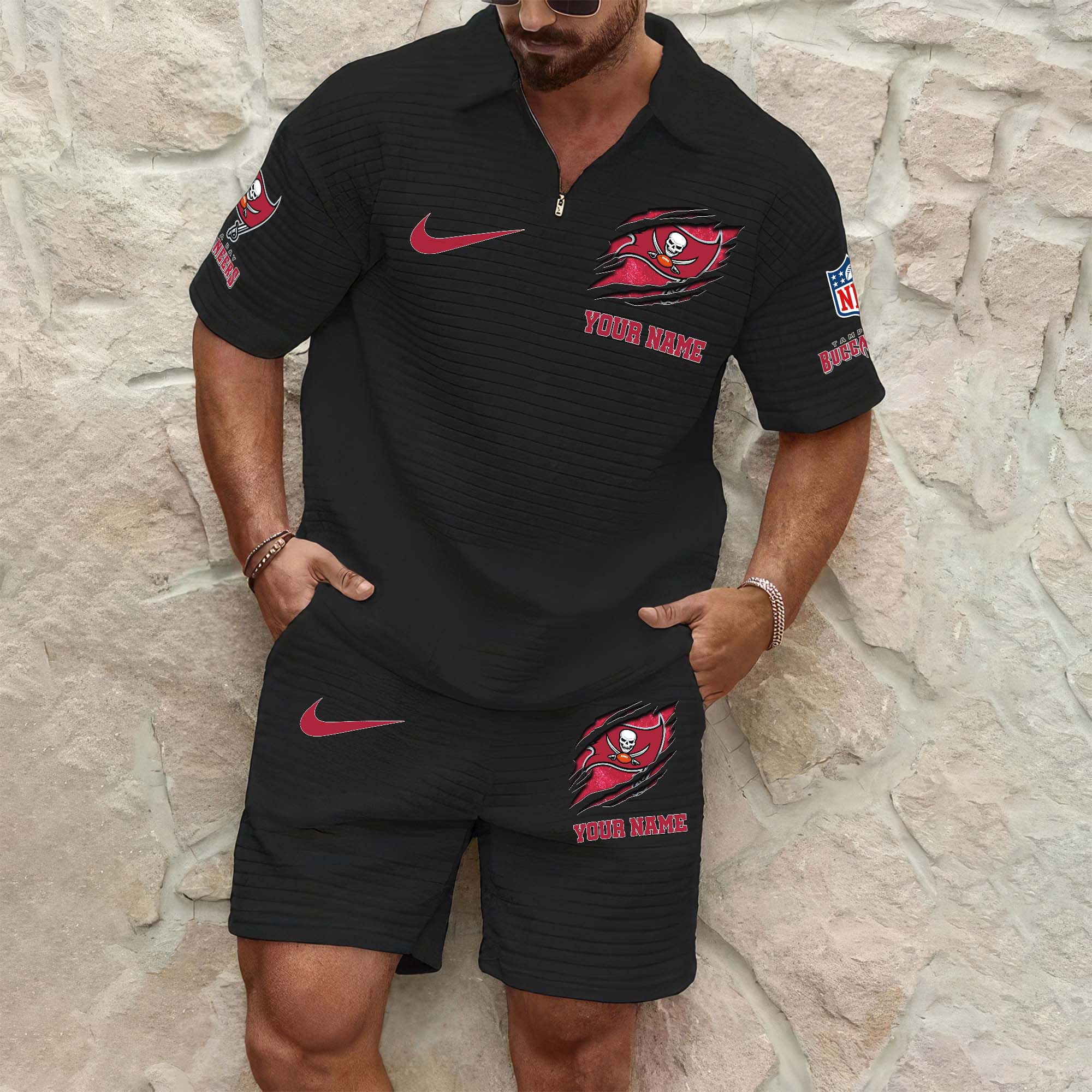 Tampa Bay Buccaneers Mens Waffle Pattern Half Zipper Shirt And Short Custom Your Name 2025 Versions, Gifts For Football Lovers