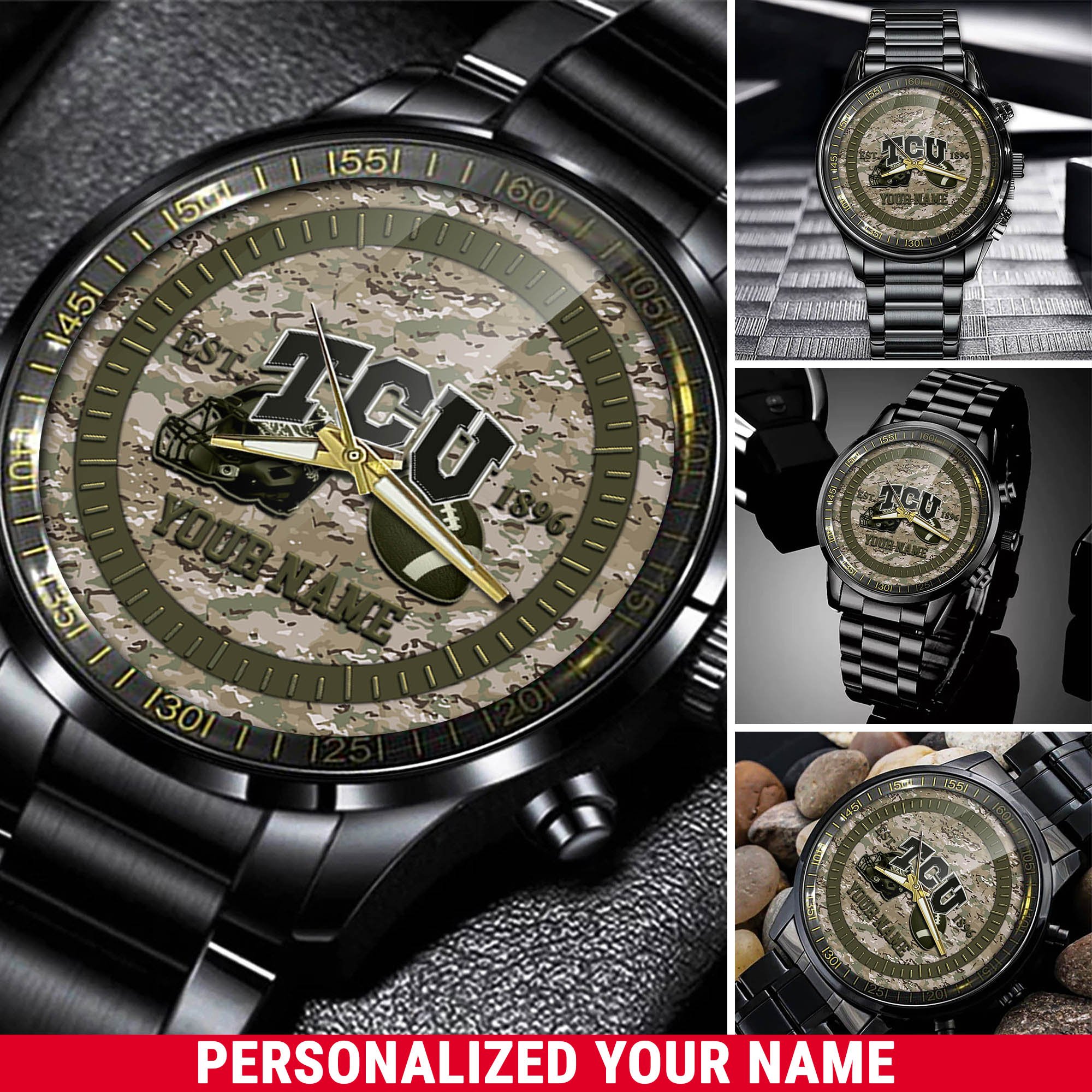 TCU Horned Frogs Black Fashion Watch 2025 Version Custom Your Name, Camouflage Watch For Fan 