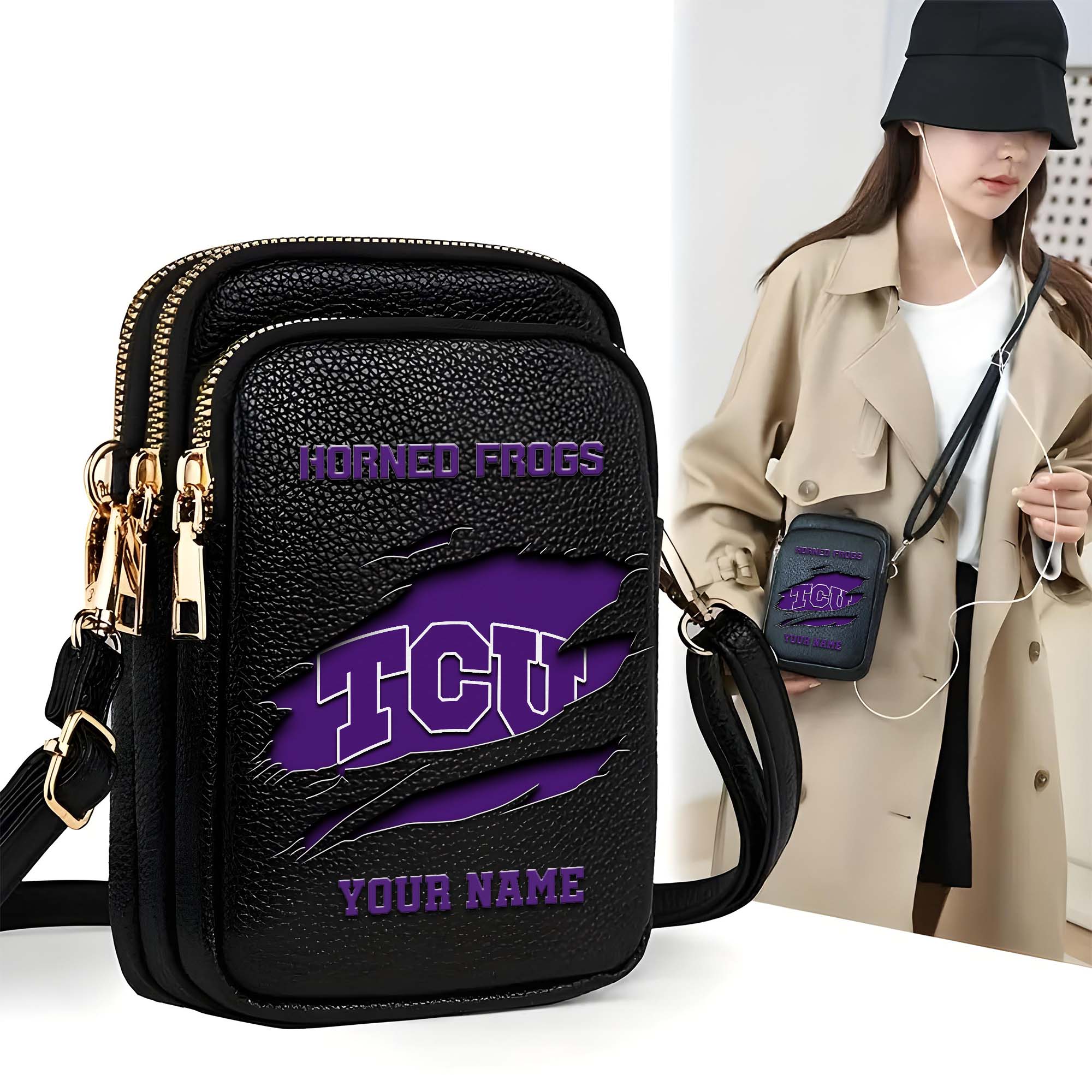 TCU Horned Frogs Customized Womens Mobile Phone Bag With Your Name, Leather Crossbody Bag, Fan Gifts