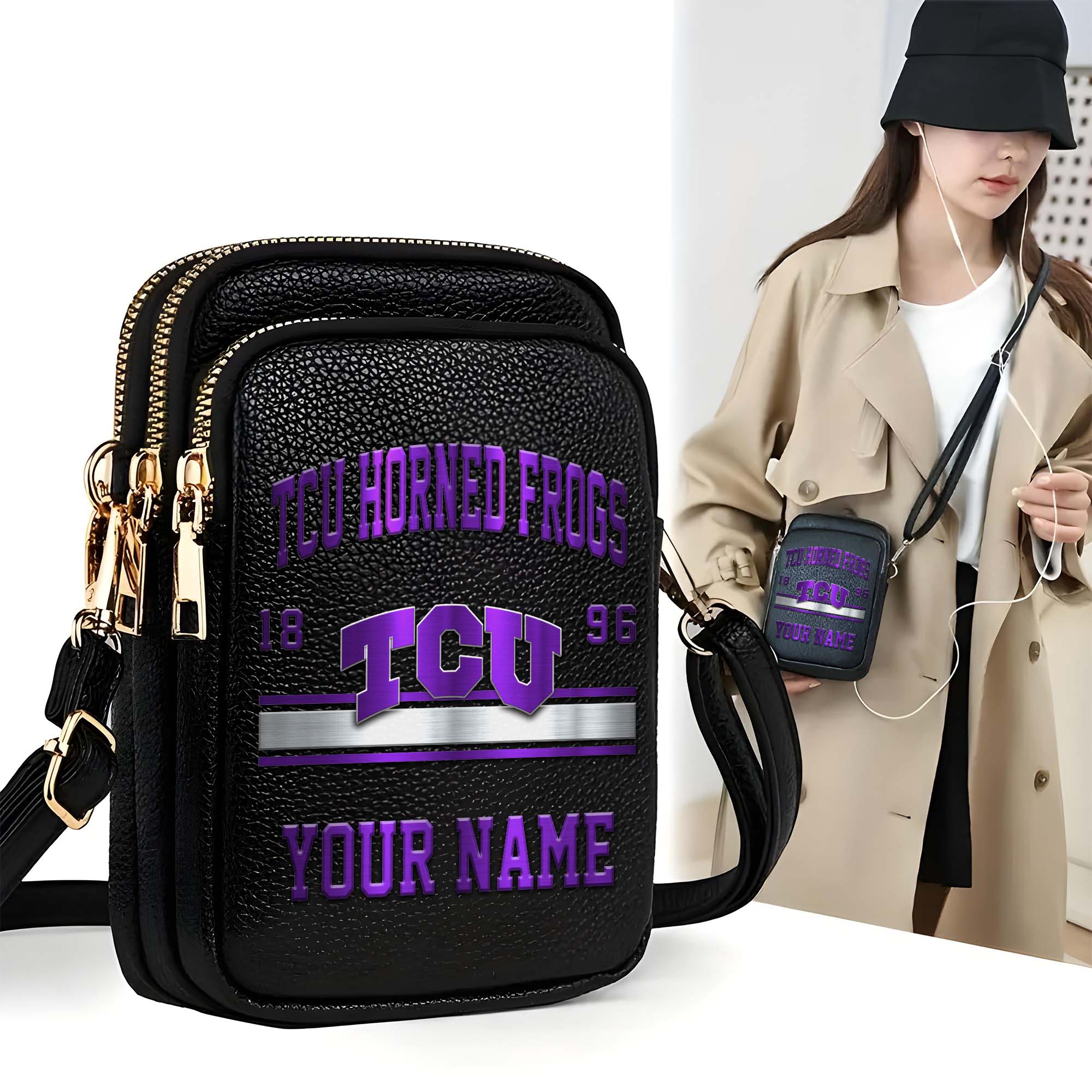 TCU Horned Frogs Customized Womens Mobile Phone Bag With Your Name, Leather Crossbody Bag, Fan Gifts