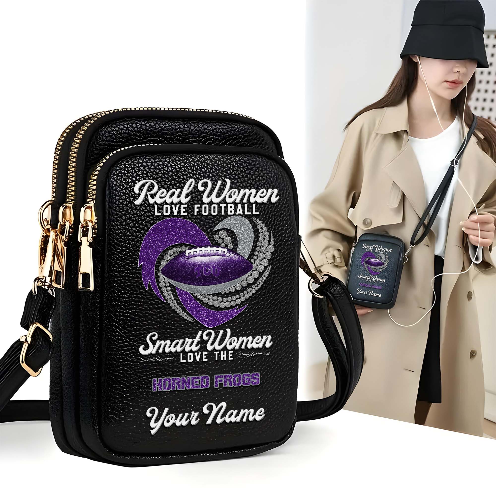 TCU Horned Frogs Customized Womens Mobile Phone Bag With Your Name, Leather Crossbody Bag, Fan Gifts