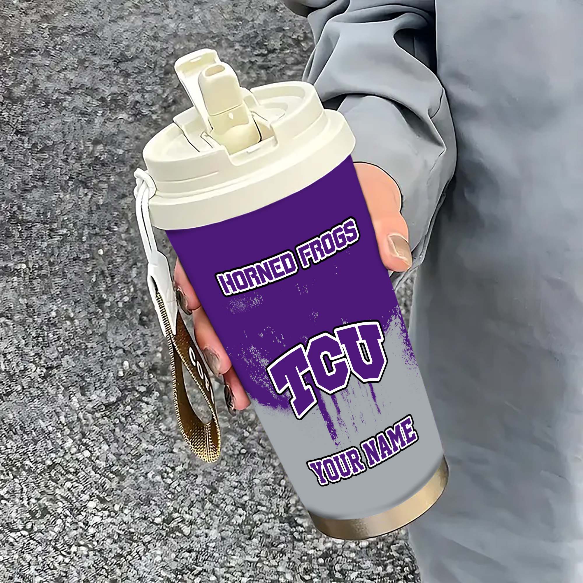TCU Horned Frogs Insulated Coffee Mug With Straw And Lid, Portable Coffee Travel Mug For Car, Fan Gifts