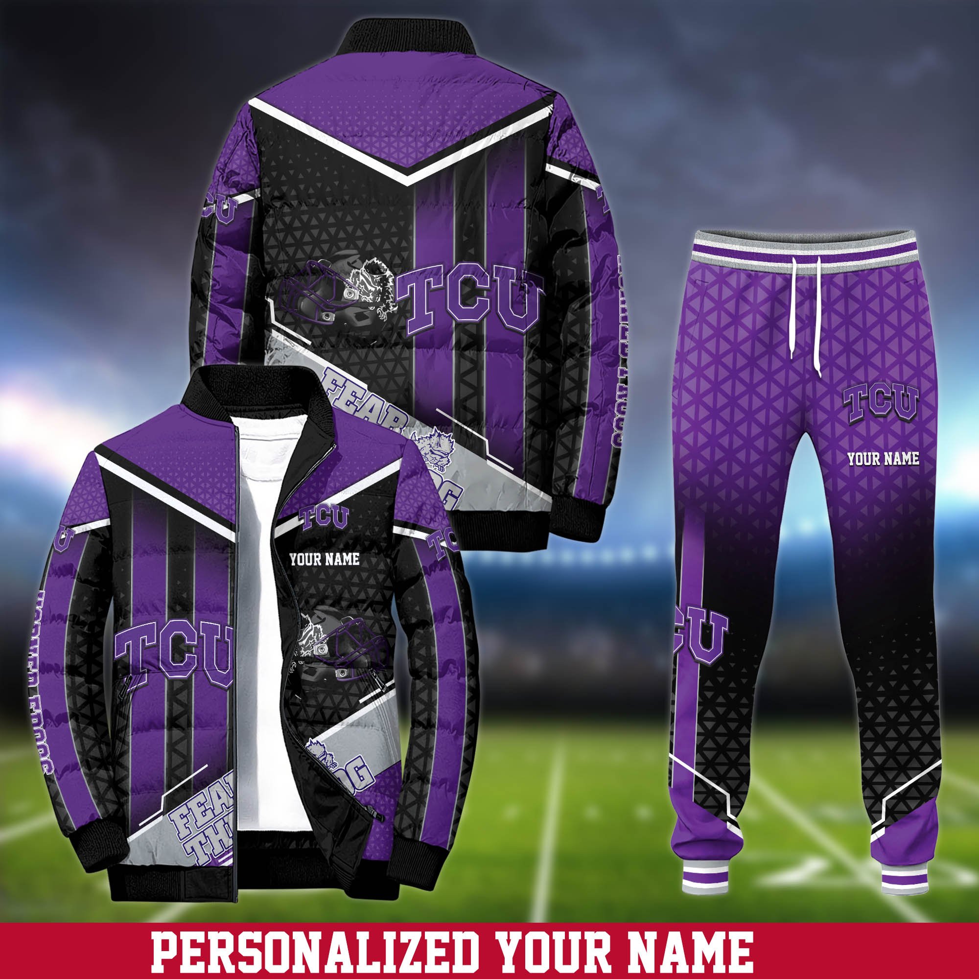 TCU Horned Frogs Puffer Jacket And Sweatpants 2025 Version Personalized Your Name, Puffer Jacket For Sport Fans, Sport Sweatpants, Gifts For Sport