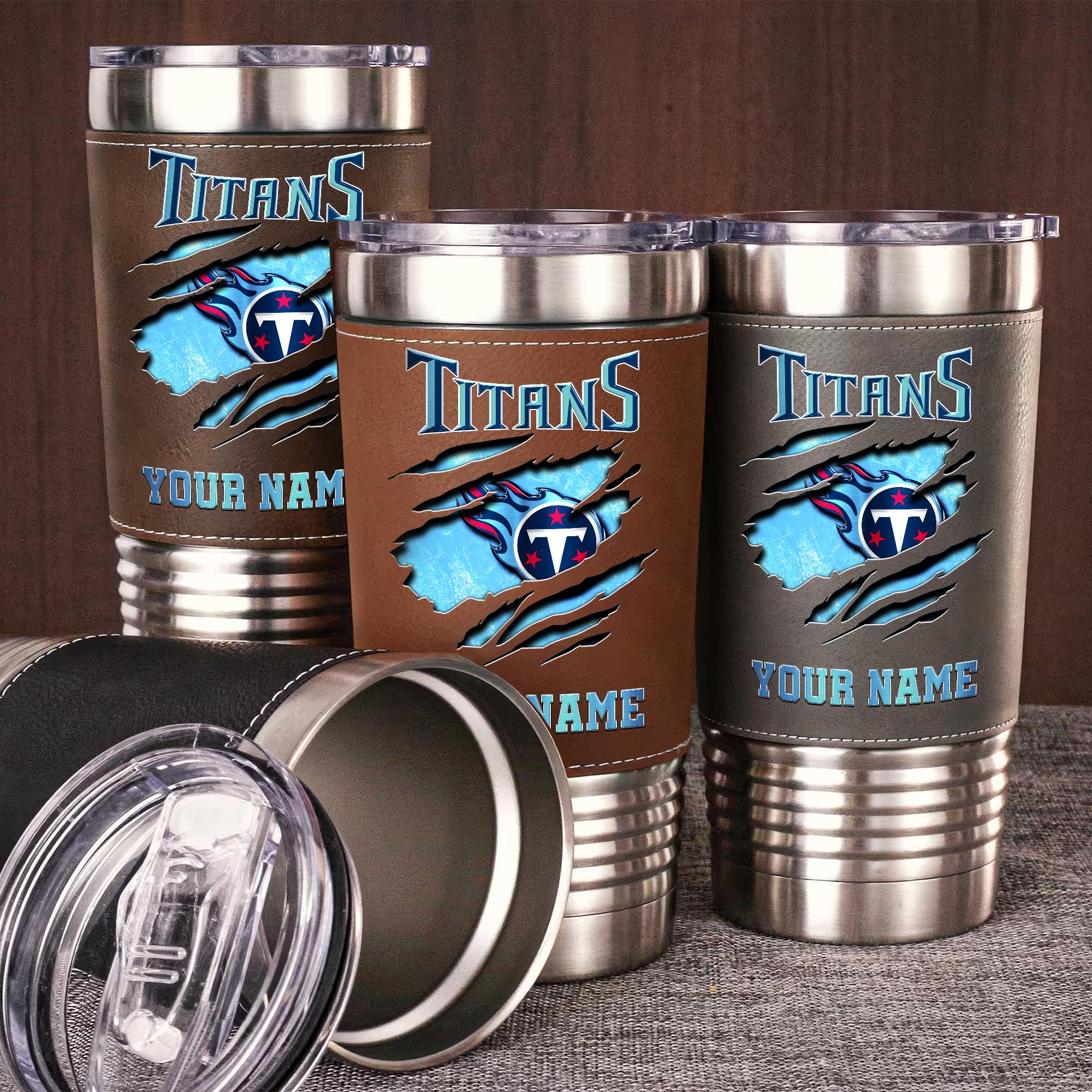 Tennessee Titans 20 Oz Leather Tumbler Custom Your Name, Sport Gift For Fans 