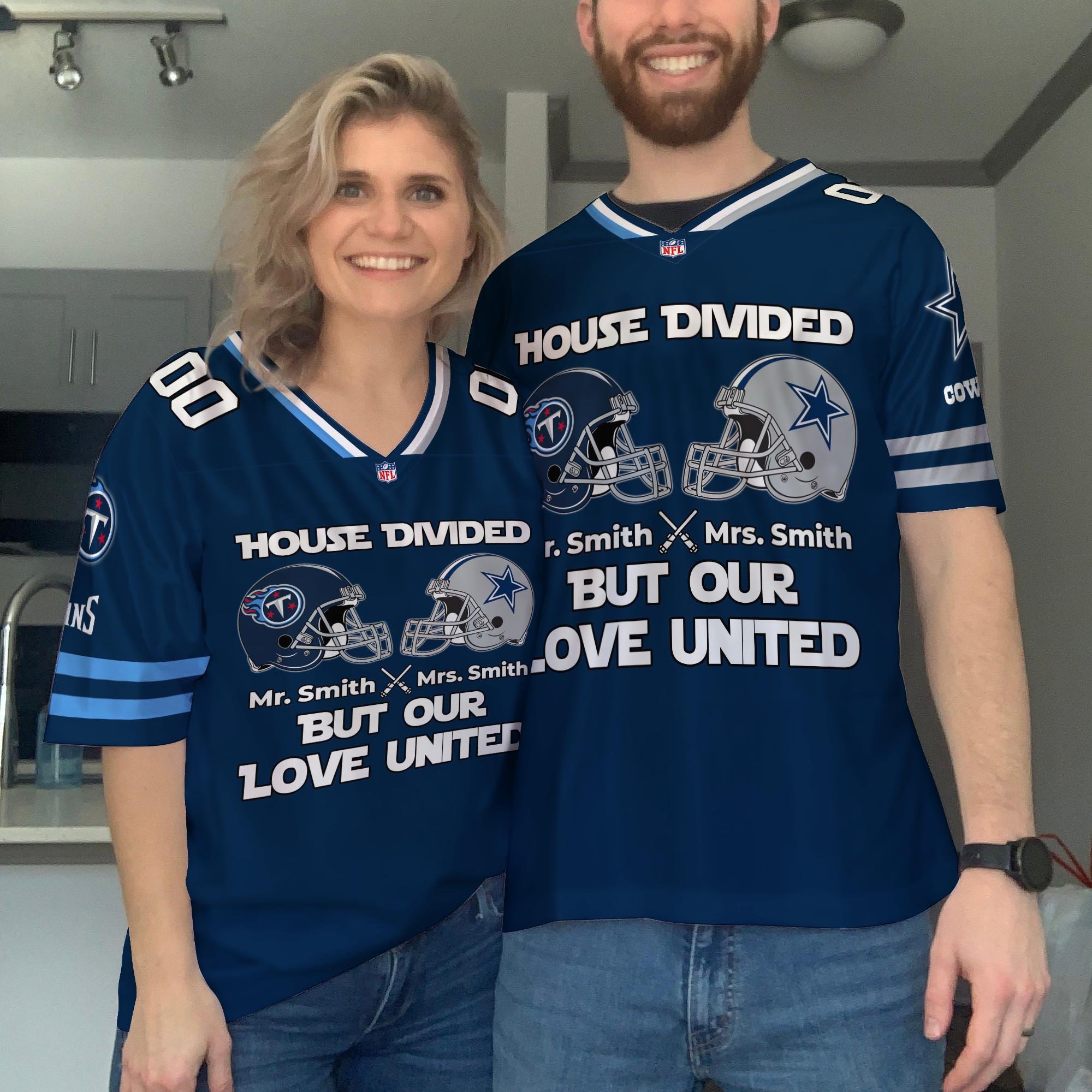 Tennessee Titans Football Jersey Custom Husband, Wife Name And Number, House Divided Jersey For Fan