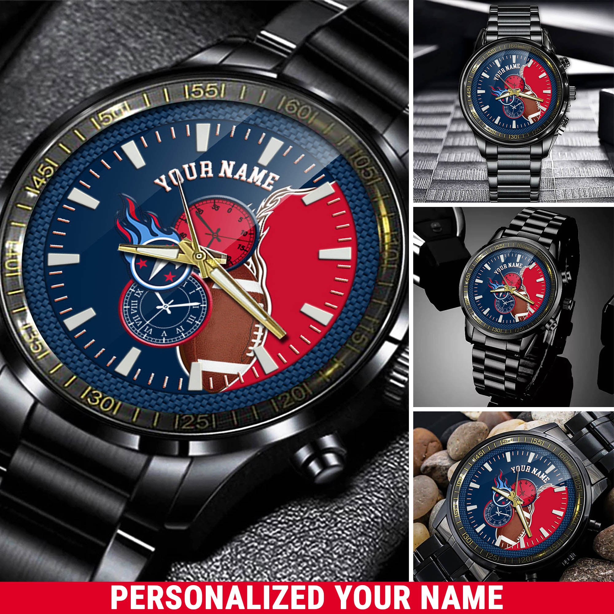 Tennessee Titans Football Team Black Fashion Watch 2025 Version Custom Your Name, Black Fashion Watch For Football Lovers 