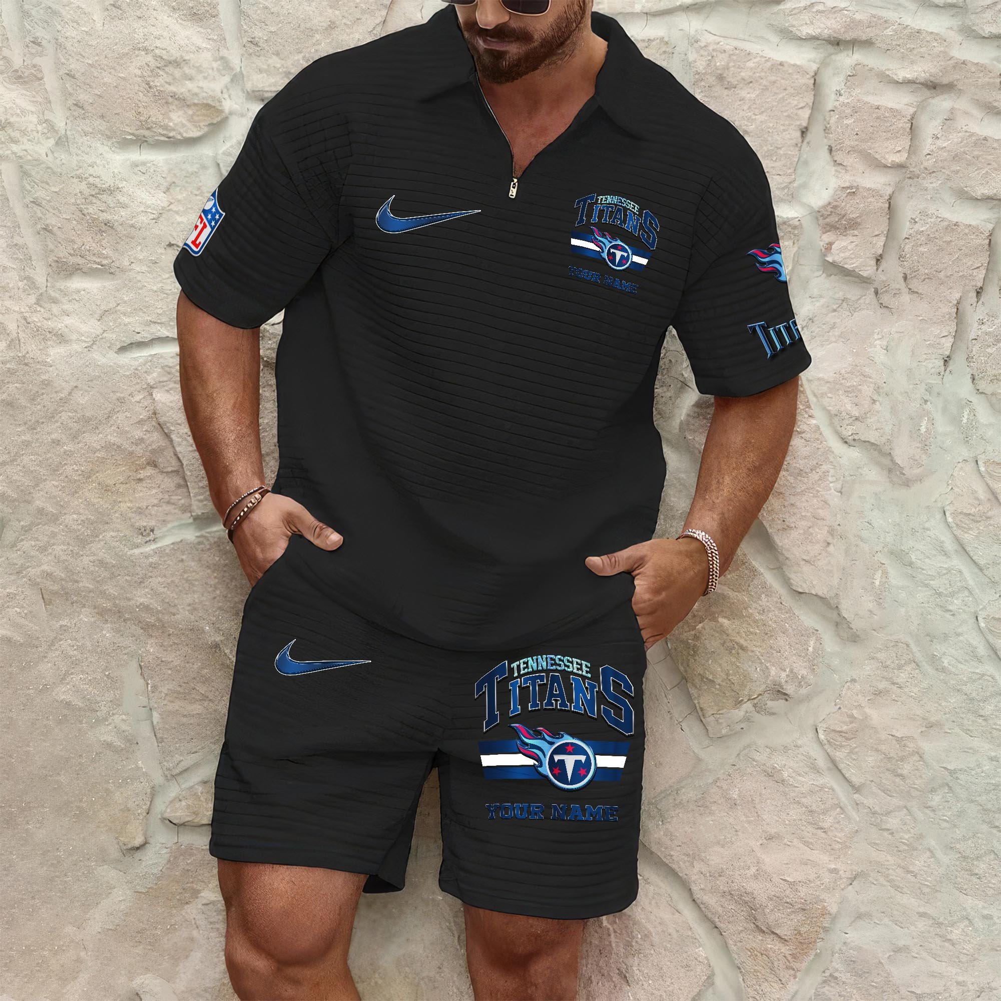Tennessee Titans Mens Waffle Pattern Half Zipper Shirt And Short Custom Your Name, Gifts For Football Lovers