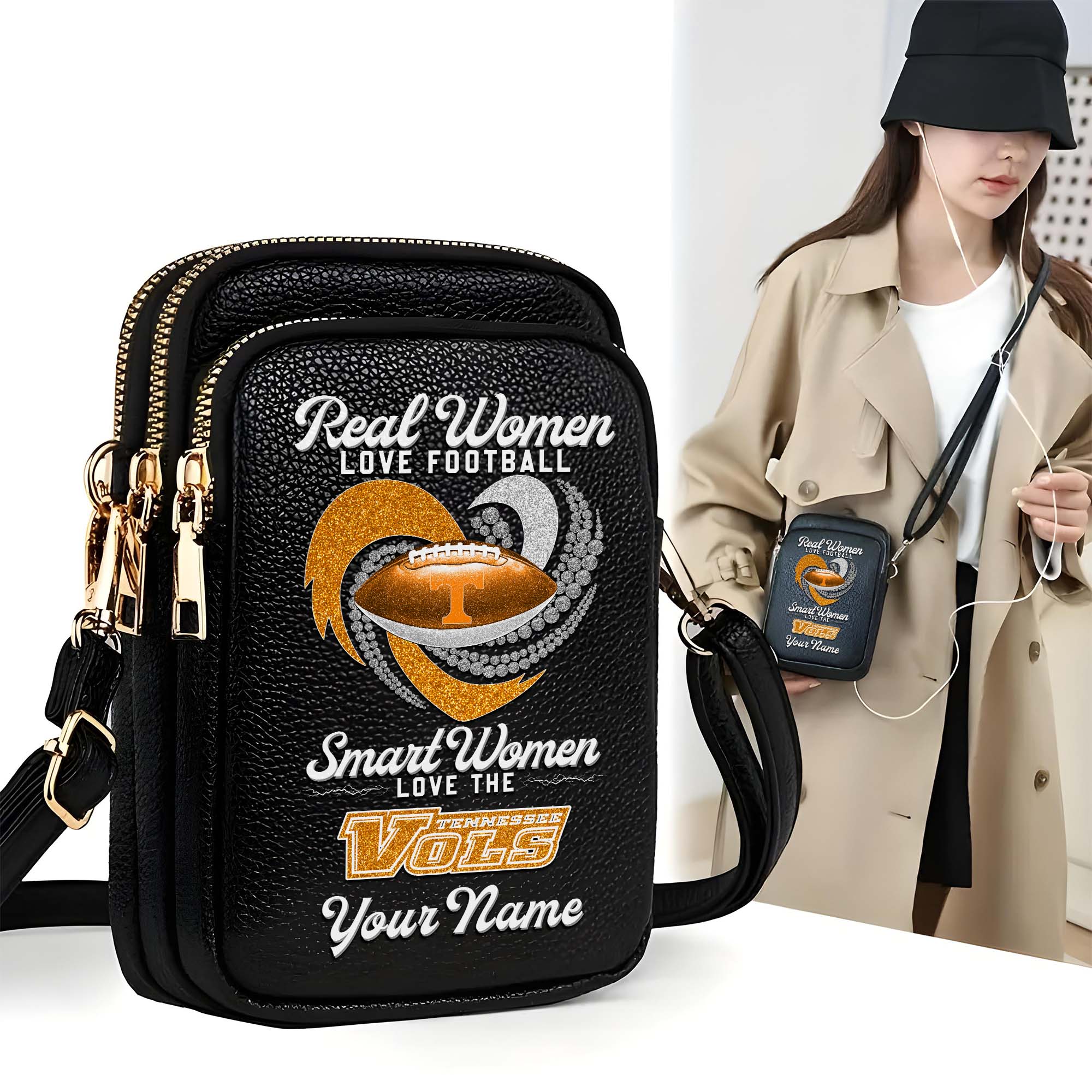 Tennessee Volunteers Customized Womens Mobile Phone Bag With Your Name, Leather Crossbody Bag, Fan Gifts