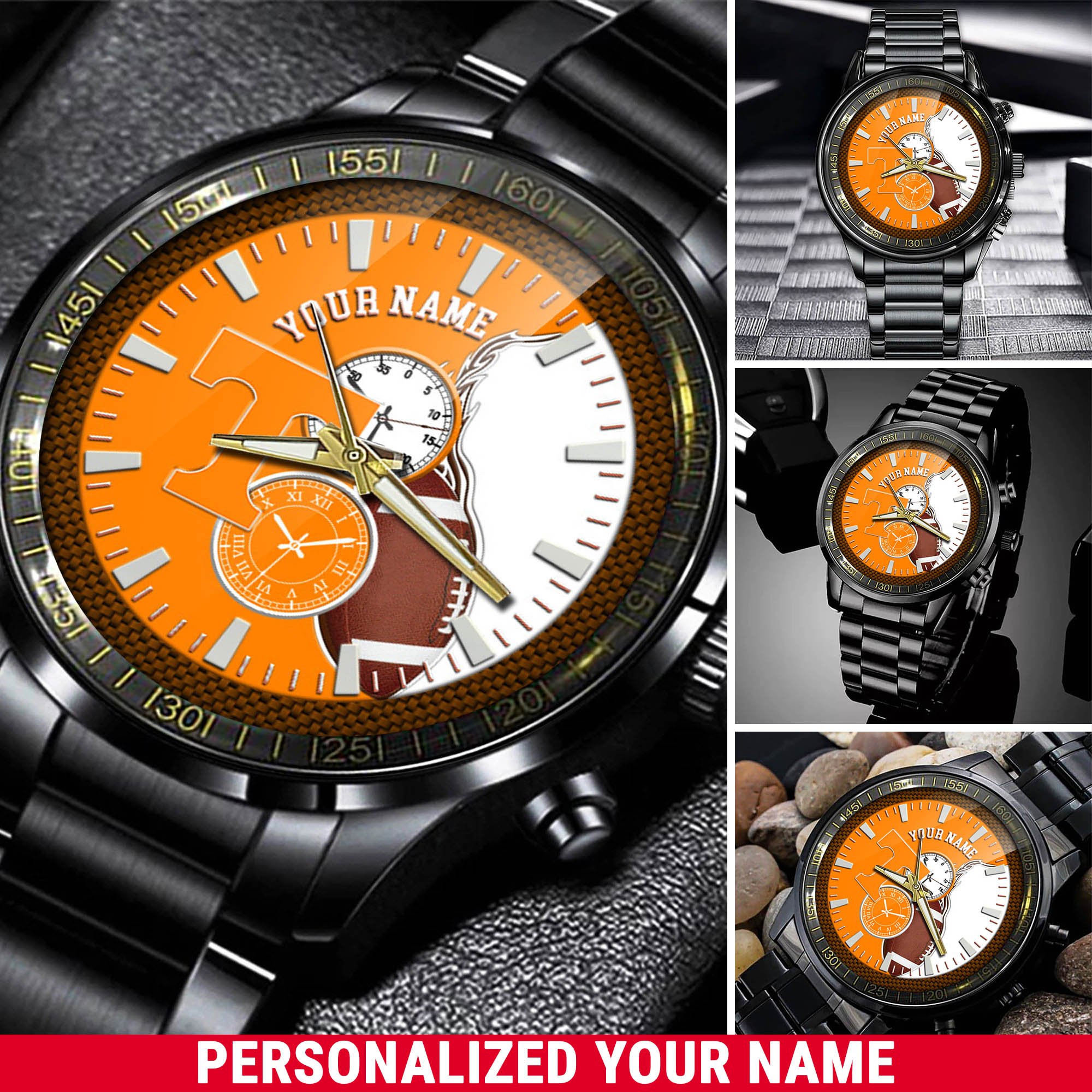 Tennessee Volunteers Football Team Black Fashion Watch 2025 Version Custom Your Name, Black Fashion Watch For Football Lovers 