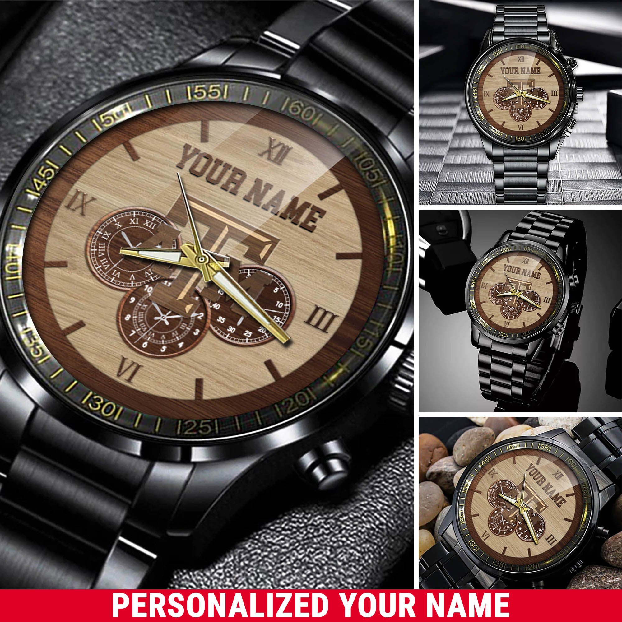 Texas A#038M Aggies Black Fashion Watch 2025 Version Customized Your Name, Football Team Black Fashion Watch 