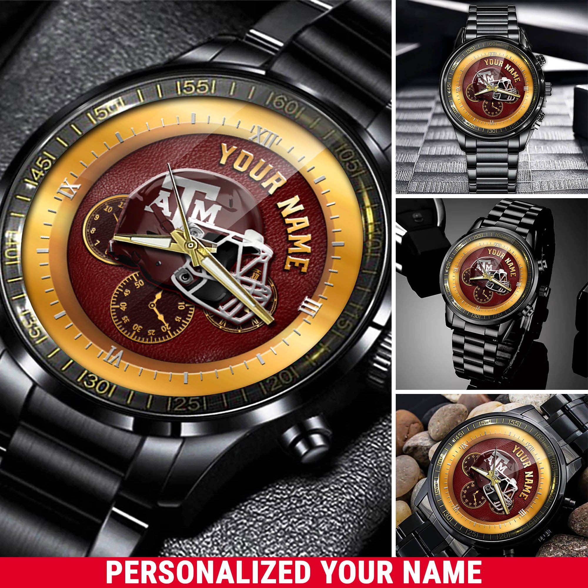 Texas A#038M Aggies Black Fashion Watch 2025 Version Personalized Your Name, Football Team Black Fashion Watch 