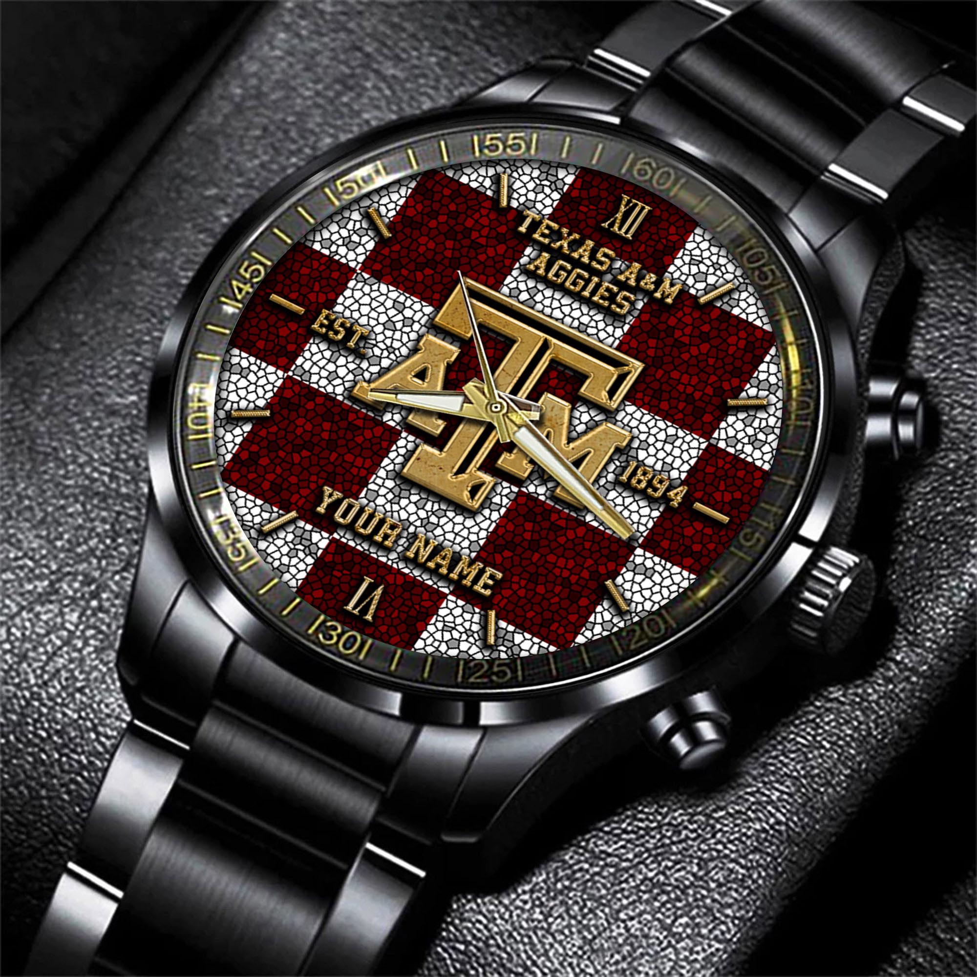 Texas A#038M Aggies Black Fashion Watch Custom Your Name, Sport Black Fashion Watch, Football Fan Gifts 