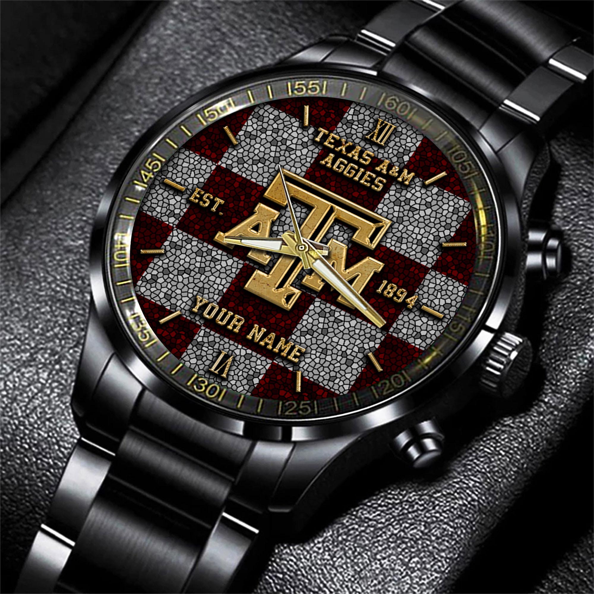 Texas A#038M Aggies Black Fashion Watch Custom Your Name, Sport Black Fashion Watch, Football Fan Gifts 