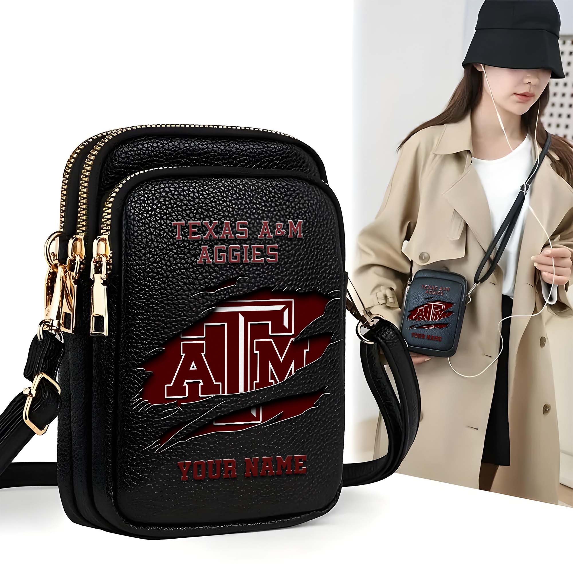 Texas A#038M Aggies Customized Womens Mobile Phone Bag With Your Name, Leather Crossbody Bag, Fan Gifts