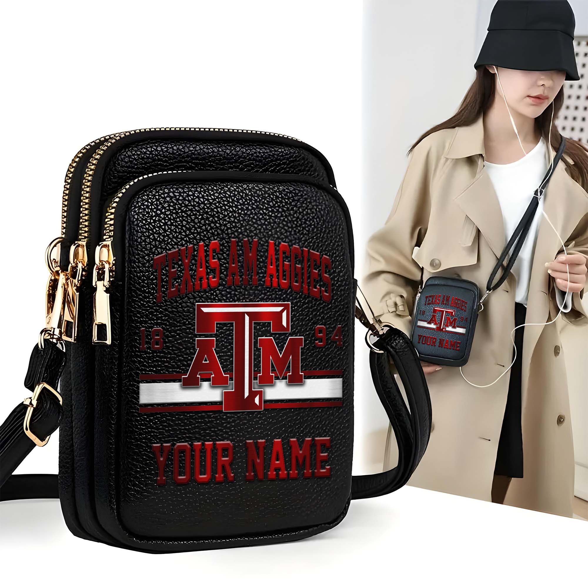 Texas A#038M Aggies Customized Womens Mobile Phone Bag With Your Name, Leather Crossbody Bag, Fan Gifts