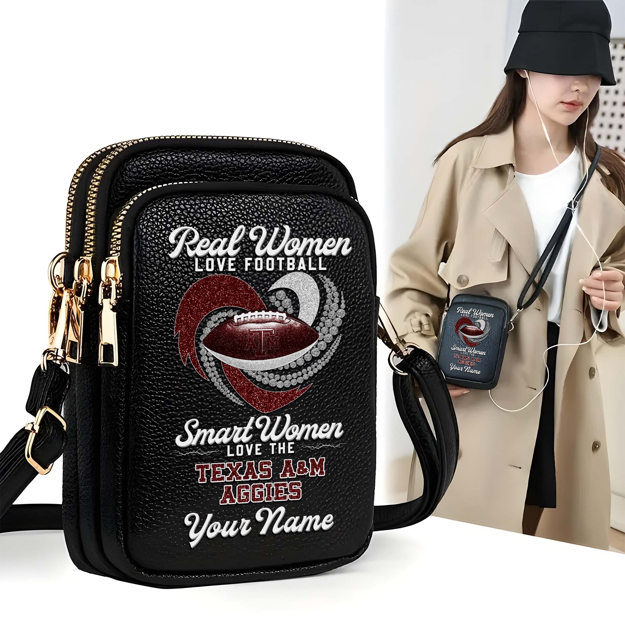 Texas A#038M Aggies Customized Womens Mobile Phone Bag With Your Name, Leather Crossbody Bag, Fan Gifts