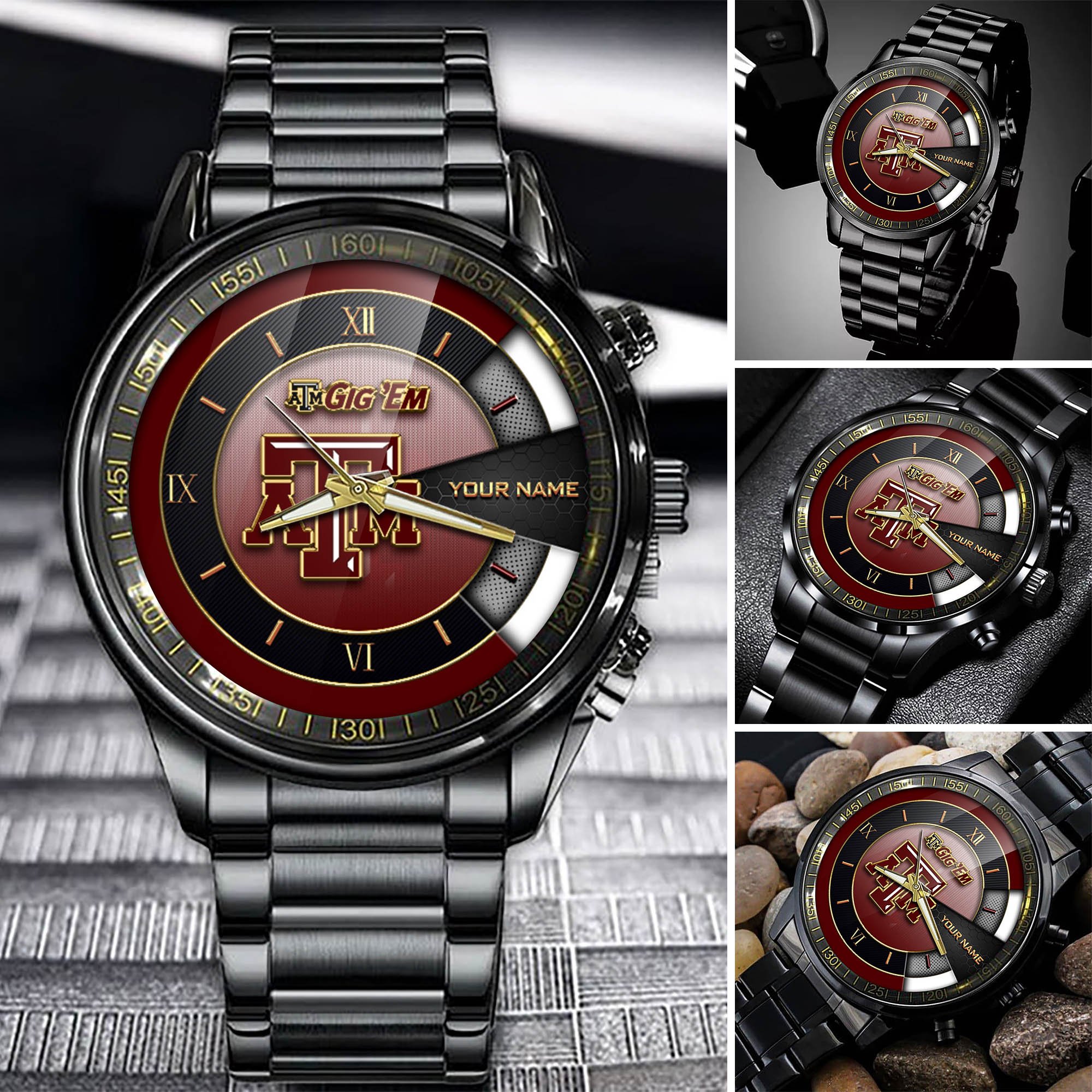 Texas A#038M Aggies Team Black Fashion Watch 2025 Version Custom Your Name, Black Fashion Watch For Sport Fan 