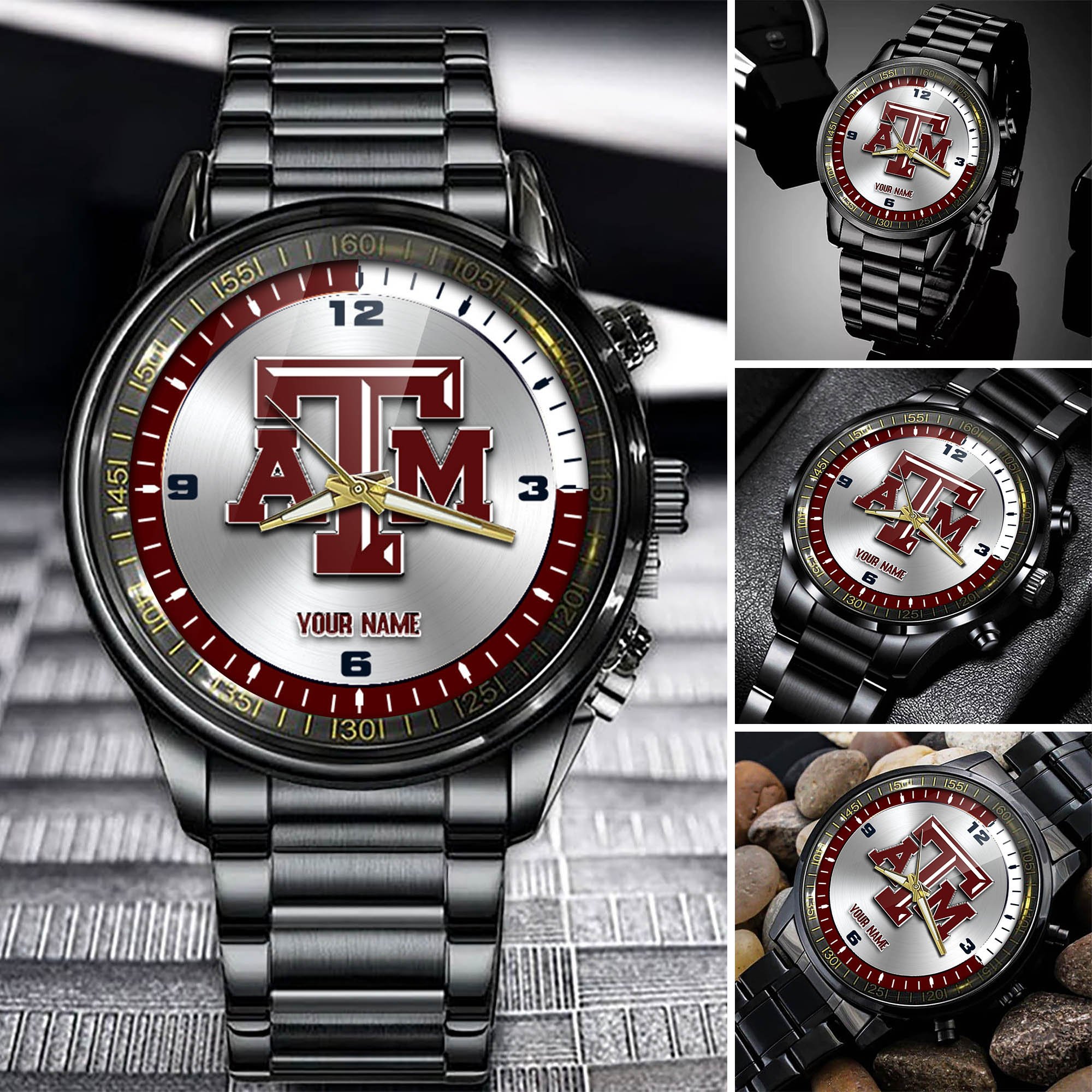 Texas A#038M Aggies Team Black Fashion Watch 2025 Version Personalized Your Name, Watch For Fan , Football League Gifts 