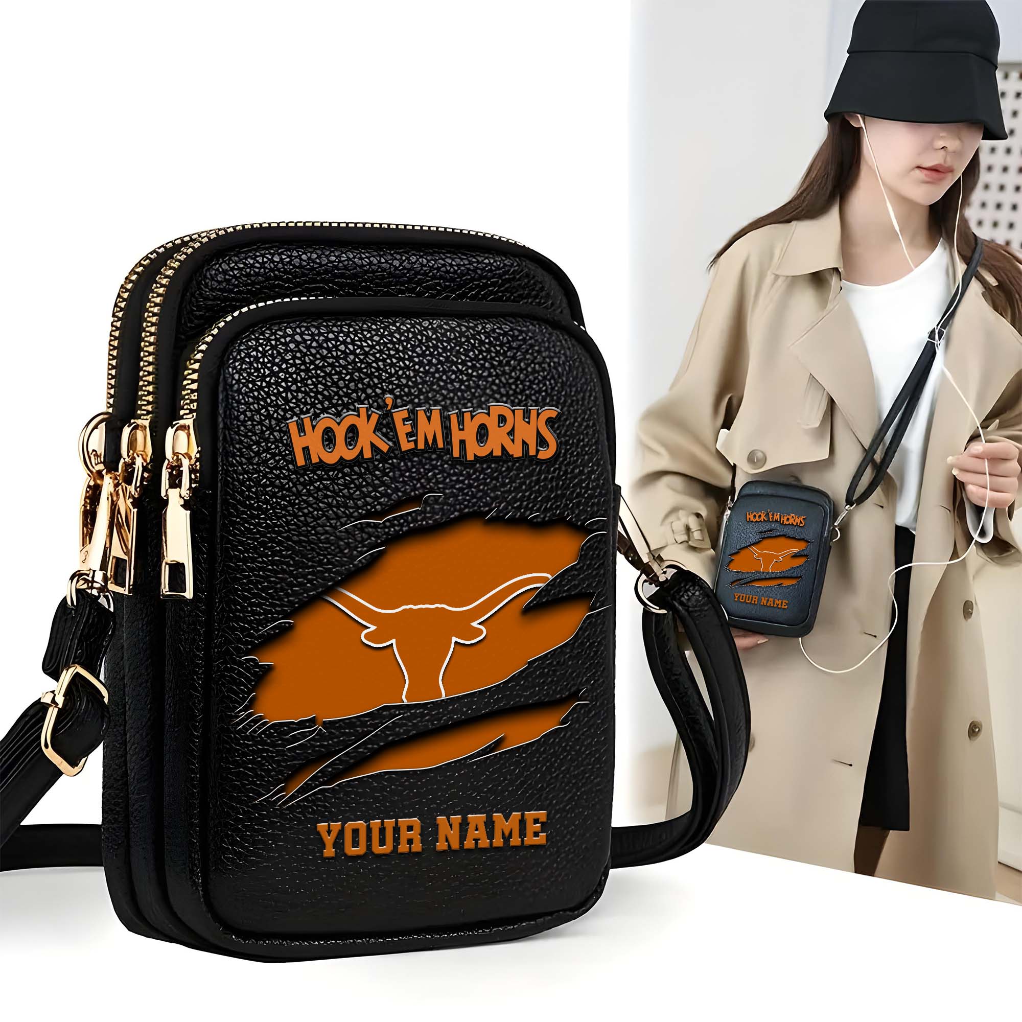 Texas Longhorns Customized Womens Mobile Phone Bag With Your Name, Leather Crossbody Bag, Fan Gifts