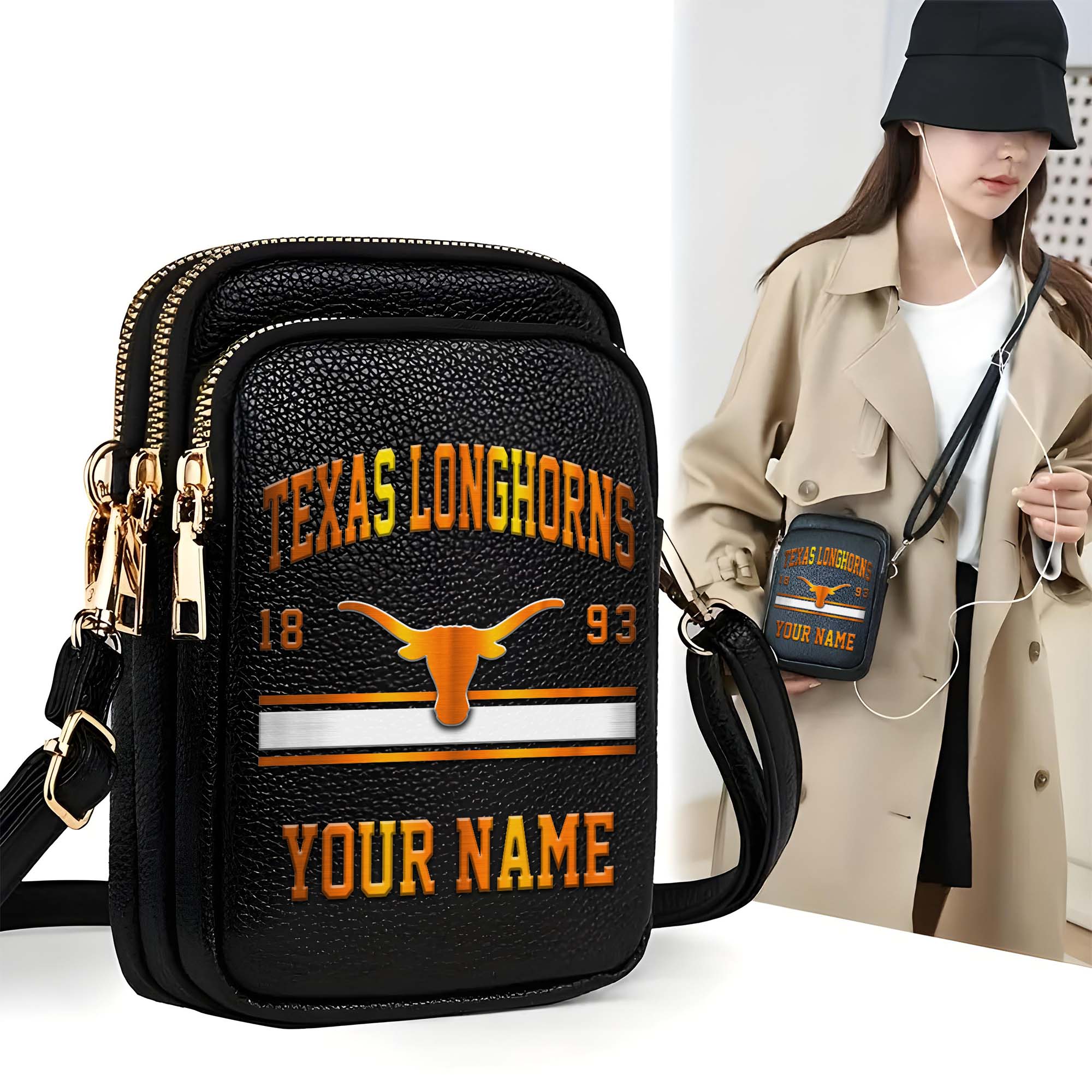 Texas Longhorns Customized Womens Mobile Phone Bag With Your Name, Leather Crossbody Bag, Fan Gifts