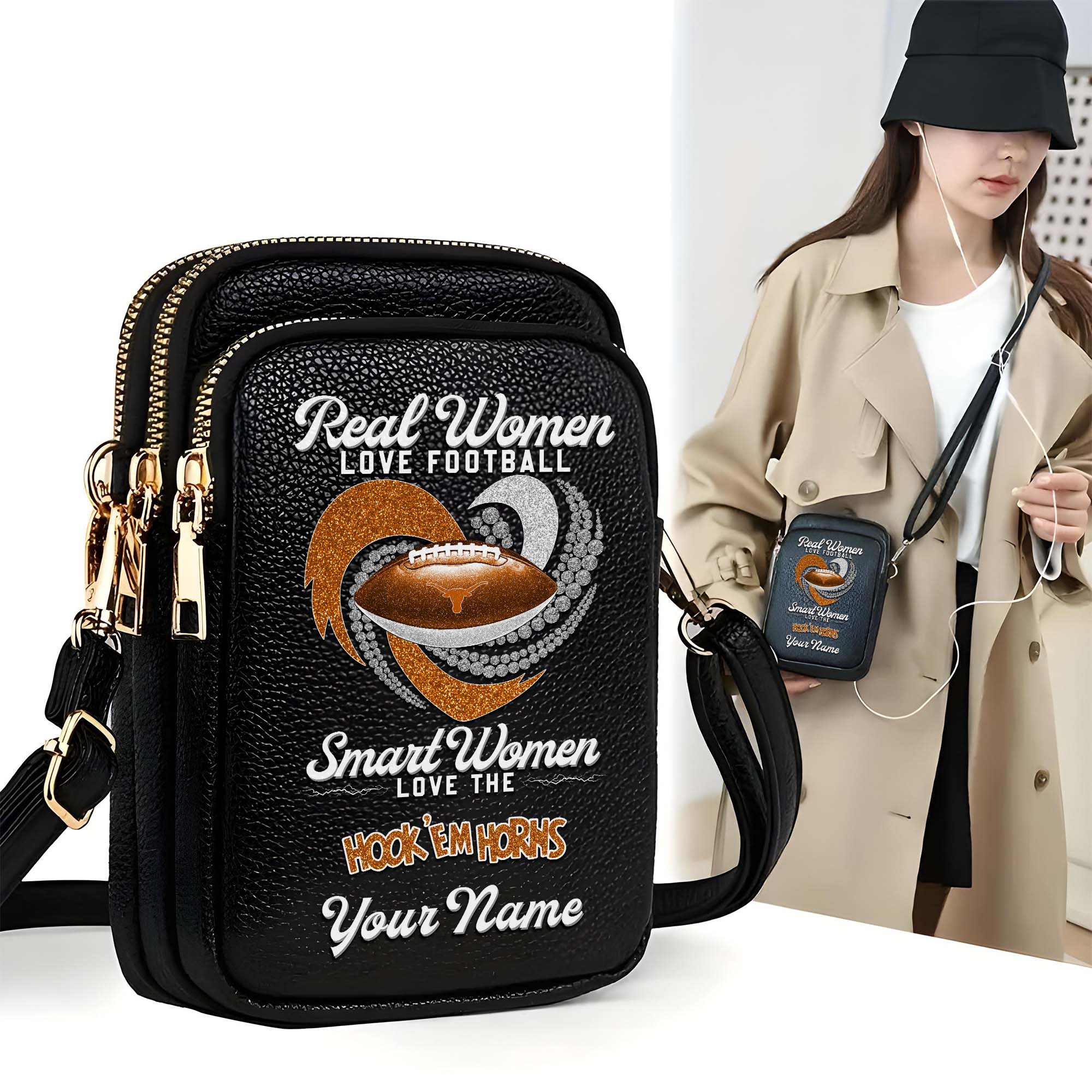 Texas Longhorns Customized Womens Mobile Phone Bag With Your Name, Leather Crossbody Bag, Fan Gifts