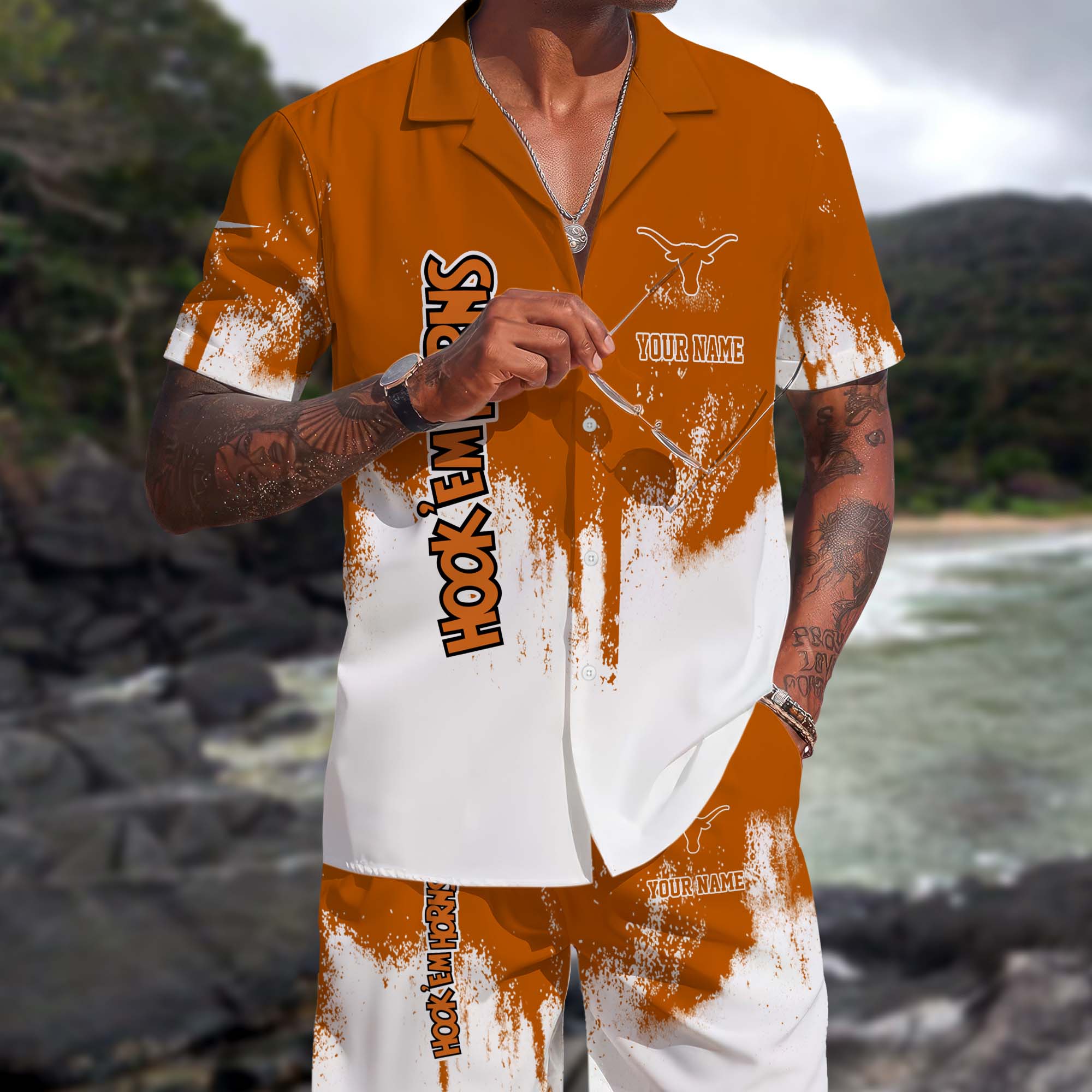 Texas Longhorns Hawaiian Shorts Set Custom You Name, Sports Shorts, Gifts For Fan