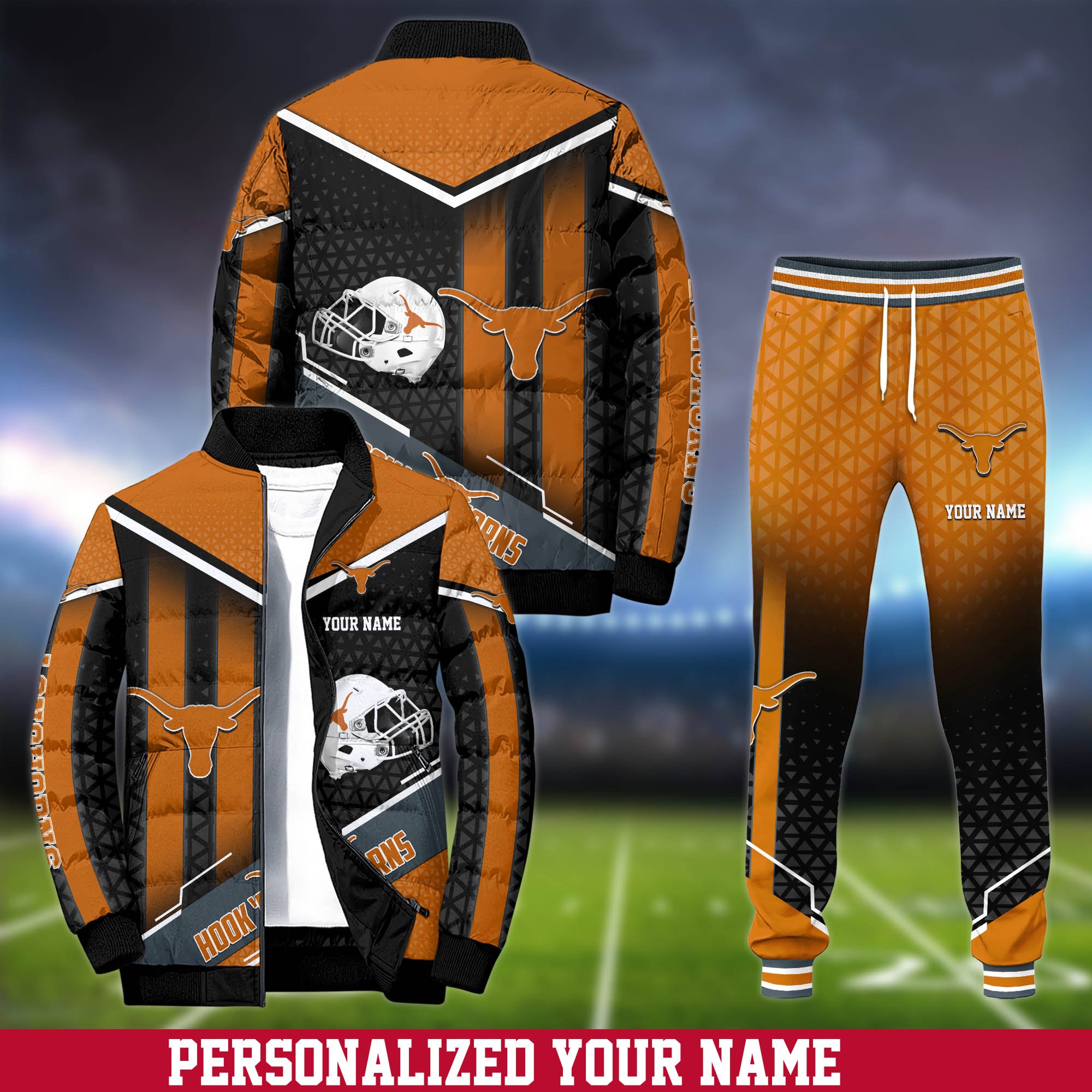 Texas Longhorns Puffer Jacket And Sweatpants 2025 Version Personalized Your Name, Puffer Jacket For Sport Fans, Sport Sweatpants, Gifts For Sport