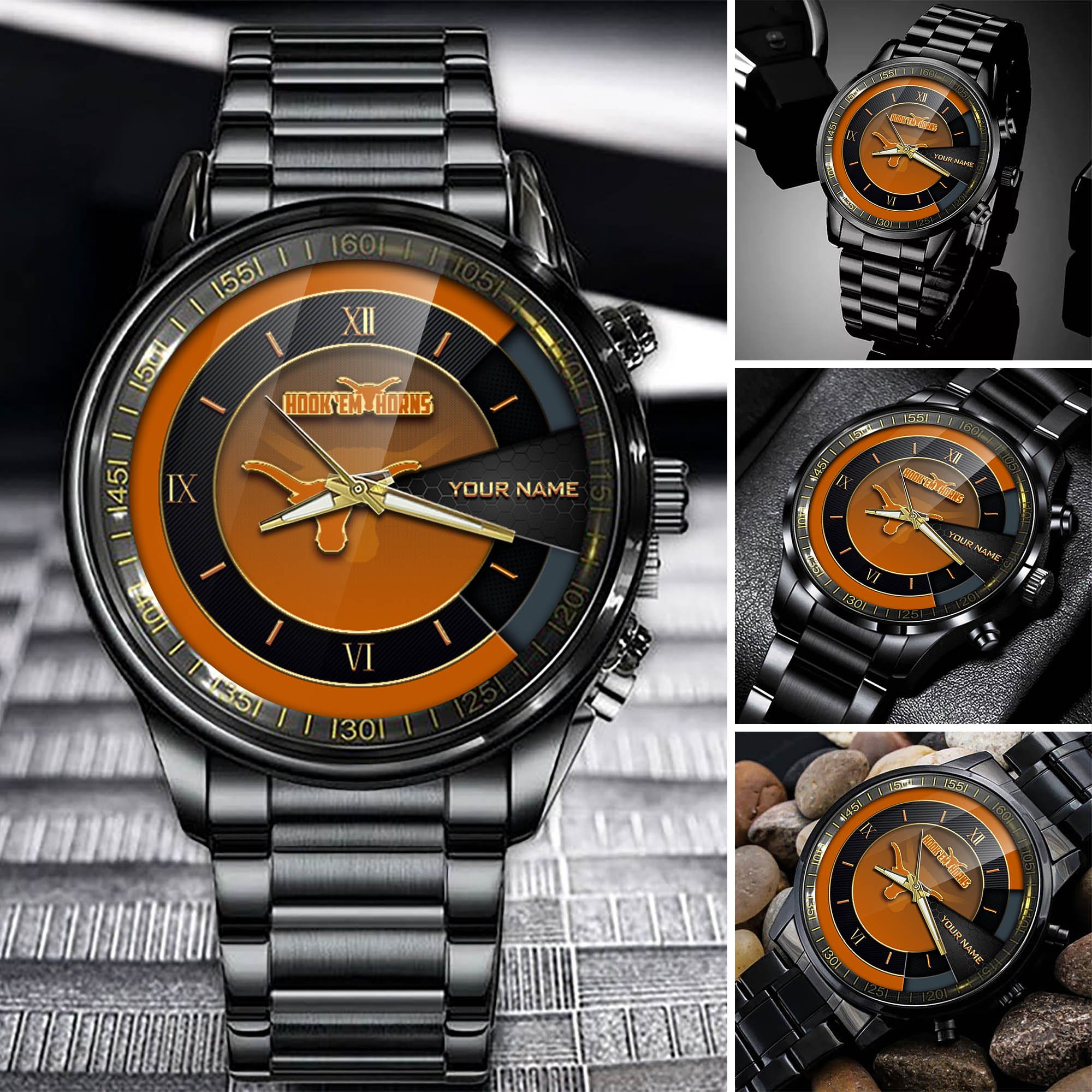 Texas Longhorns Team Black Fashion Watch 2025 Version Custom Your Name, Black Fashion Watch For Sport Fan 