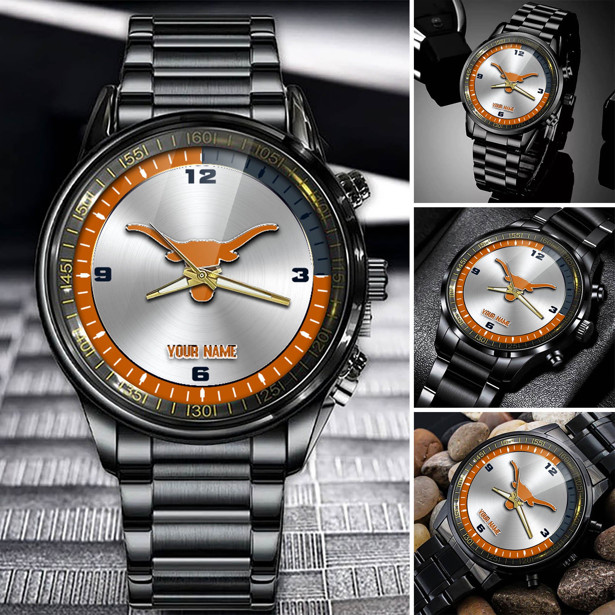 Texas Longhorns Team Black Fashion Watch 2025 Version Personalized Your Name, Watch For Fan , Football League Gifts 