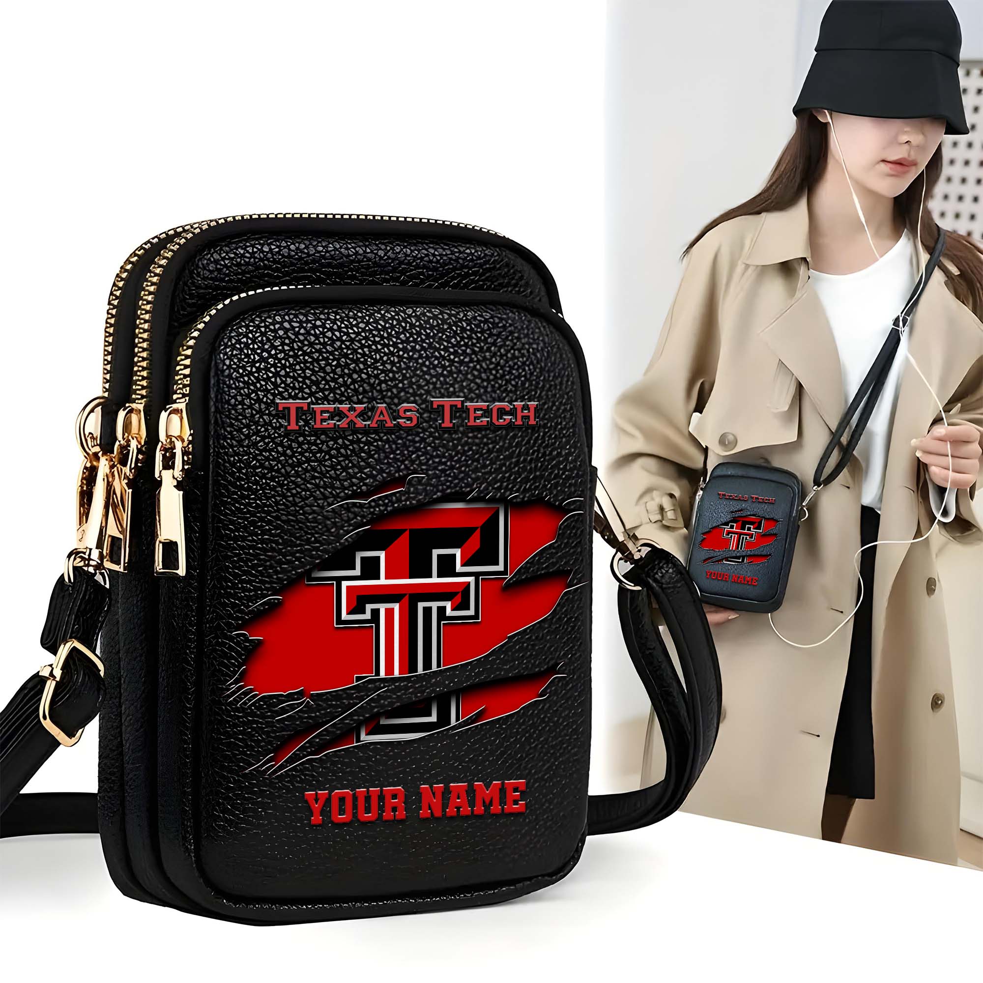Texas Tech Red Raiders Customized Womens Mobile Phone Bag With Your Name, Leather Crossbody Bag, Fan Gifts