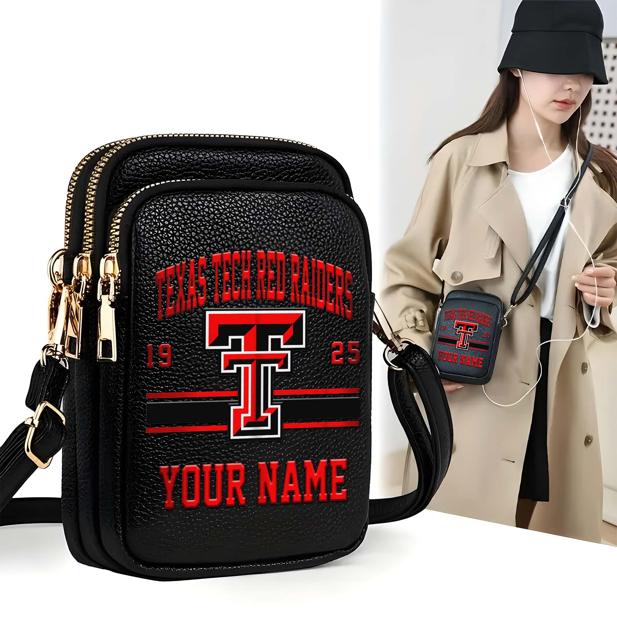 Texas Tech Red Raiders Customized Womens Mobile Phone Bag With Your Name, Leather Crossbody Bag, Fan Gifts