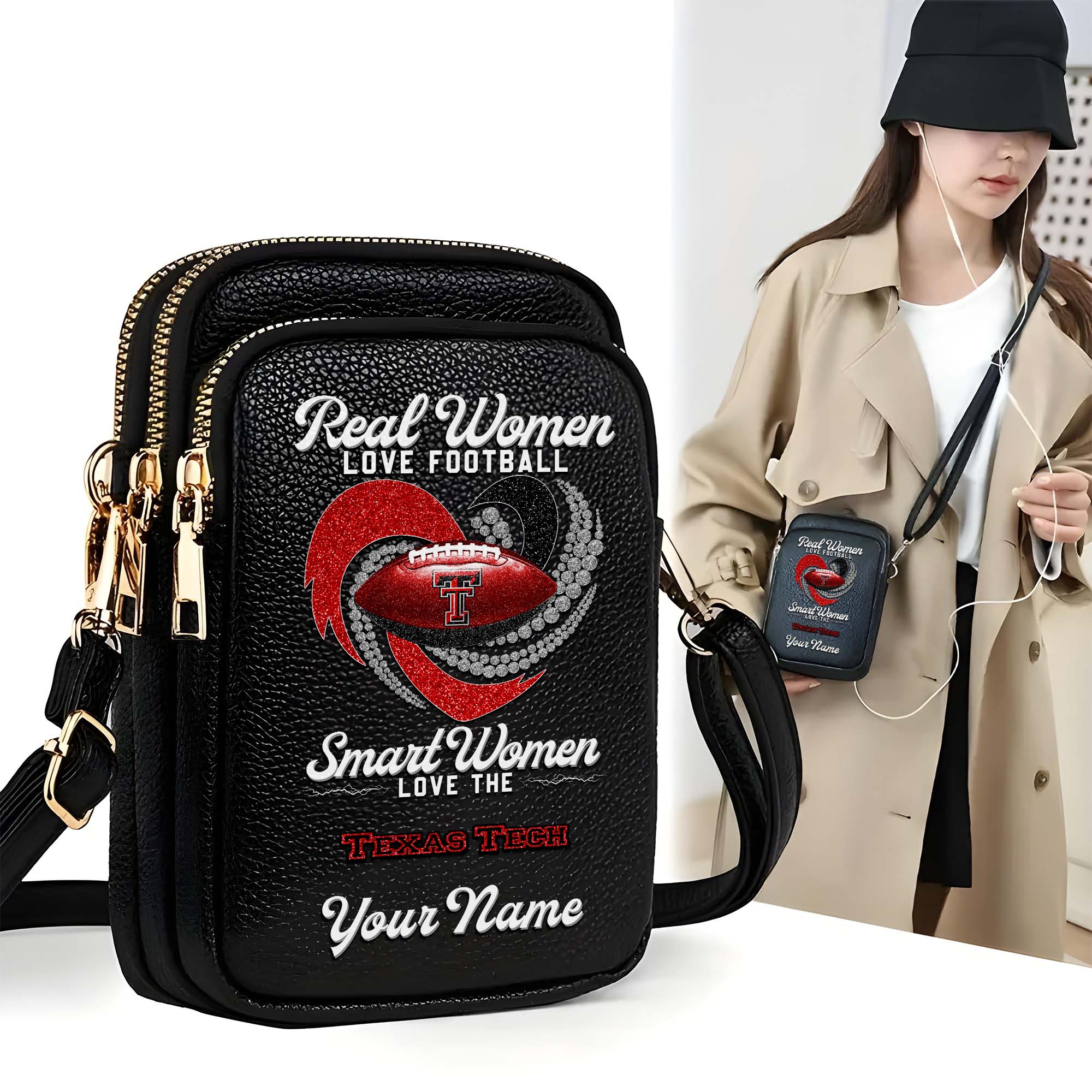 Texas Tech Red Raiders Customized Womens Mobile Phone Bag With Your Name, Leather Crossbody Bag, Fan Gifts