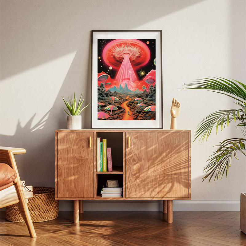 There Is A Painting Of A Man Walking Down A Path In The Desert Generative Poster