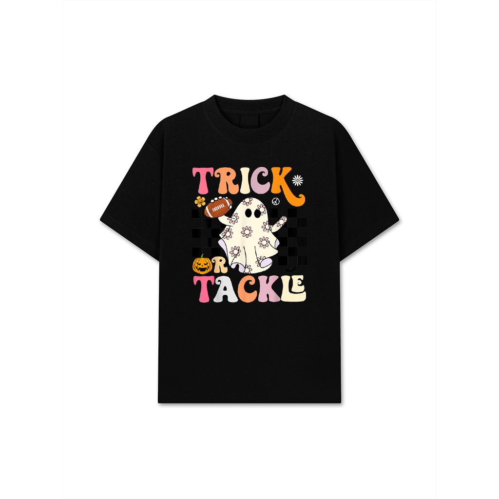 Trick Or Tackle Football Gifts Retro Ghost Vintage Halloween T-Shirt
