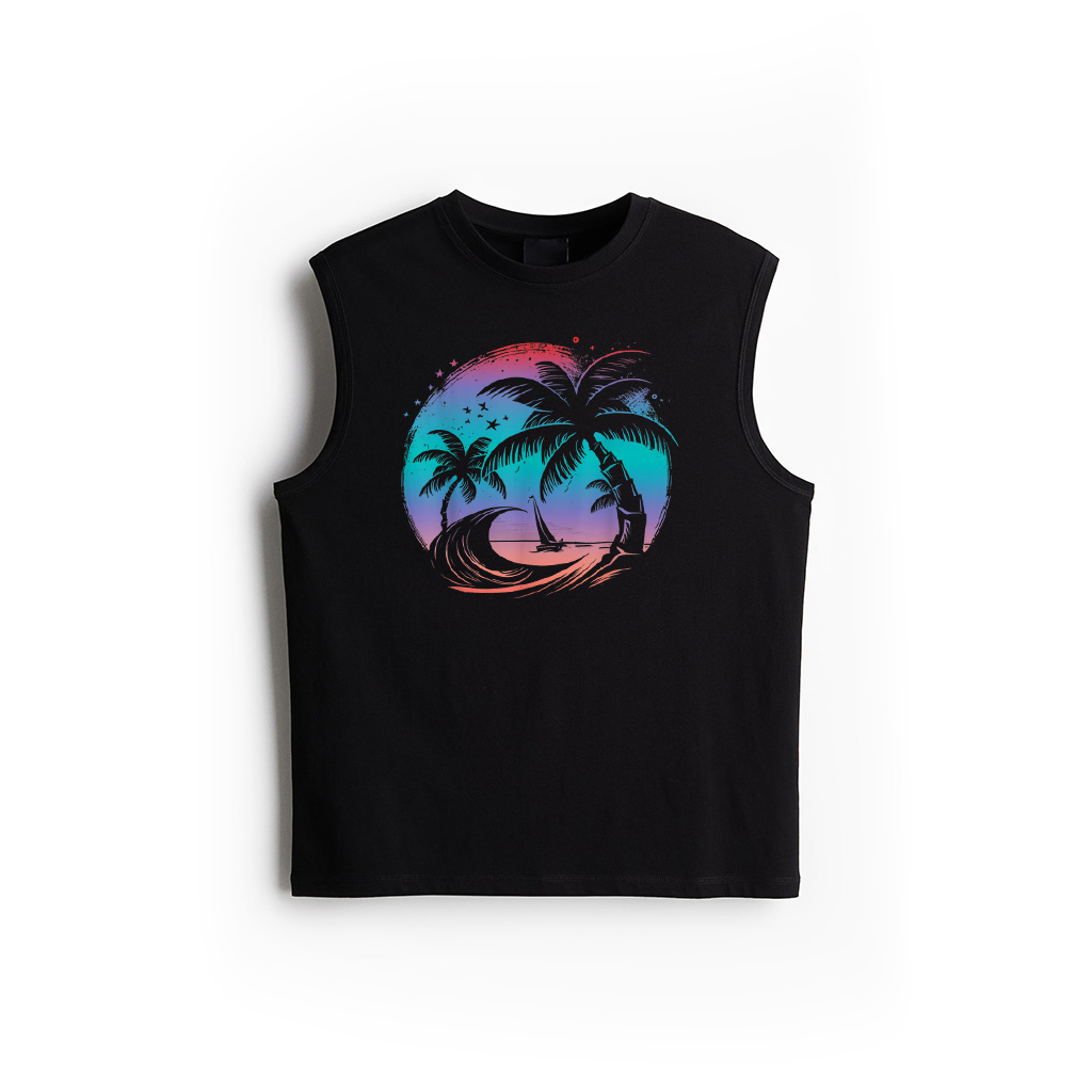 Tropical Palm Trees With Sailboat Beach Island Sunset Tank Top