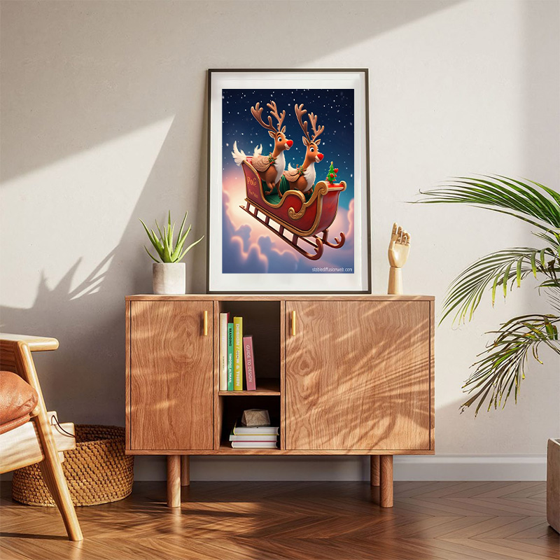 Two Lovebirds Sleigh Flying North Pole Christmas Poster