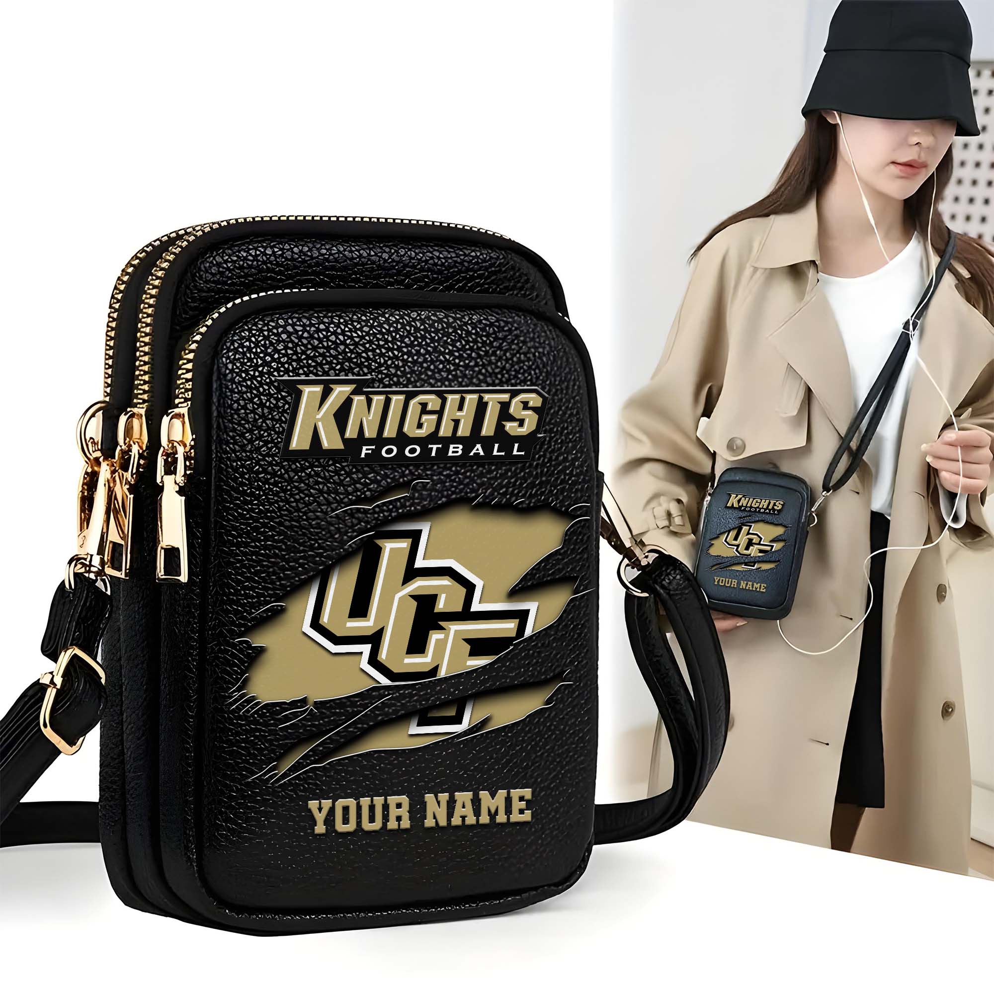 UCF Knights Customized Womens Mobile Phone Bag With Your Name, Leather Crossbody Bag, Fan Gifts