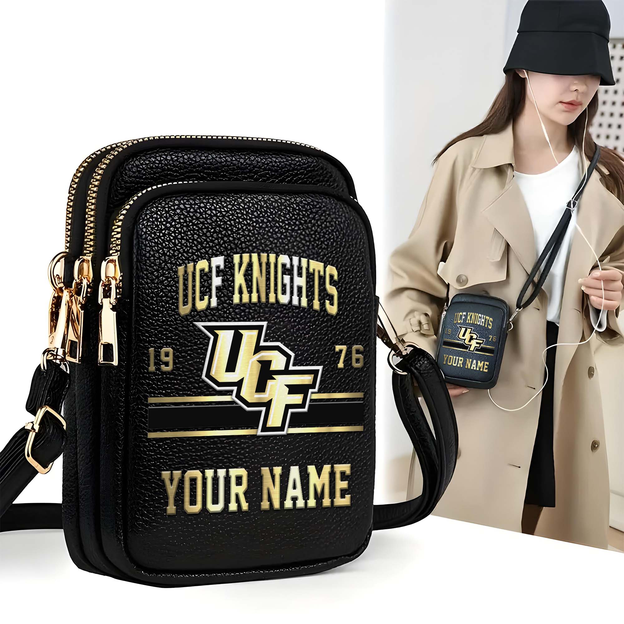 UCF Knights Customized Womens Mobile Phone Bag With Your Name, Leather Crossbody Bag, Fan Gifts