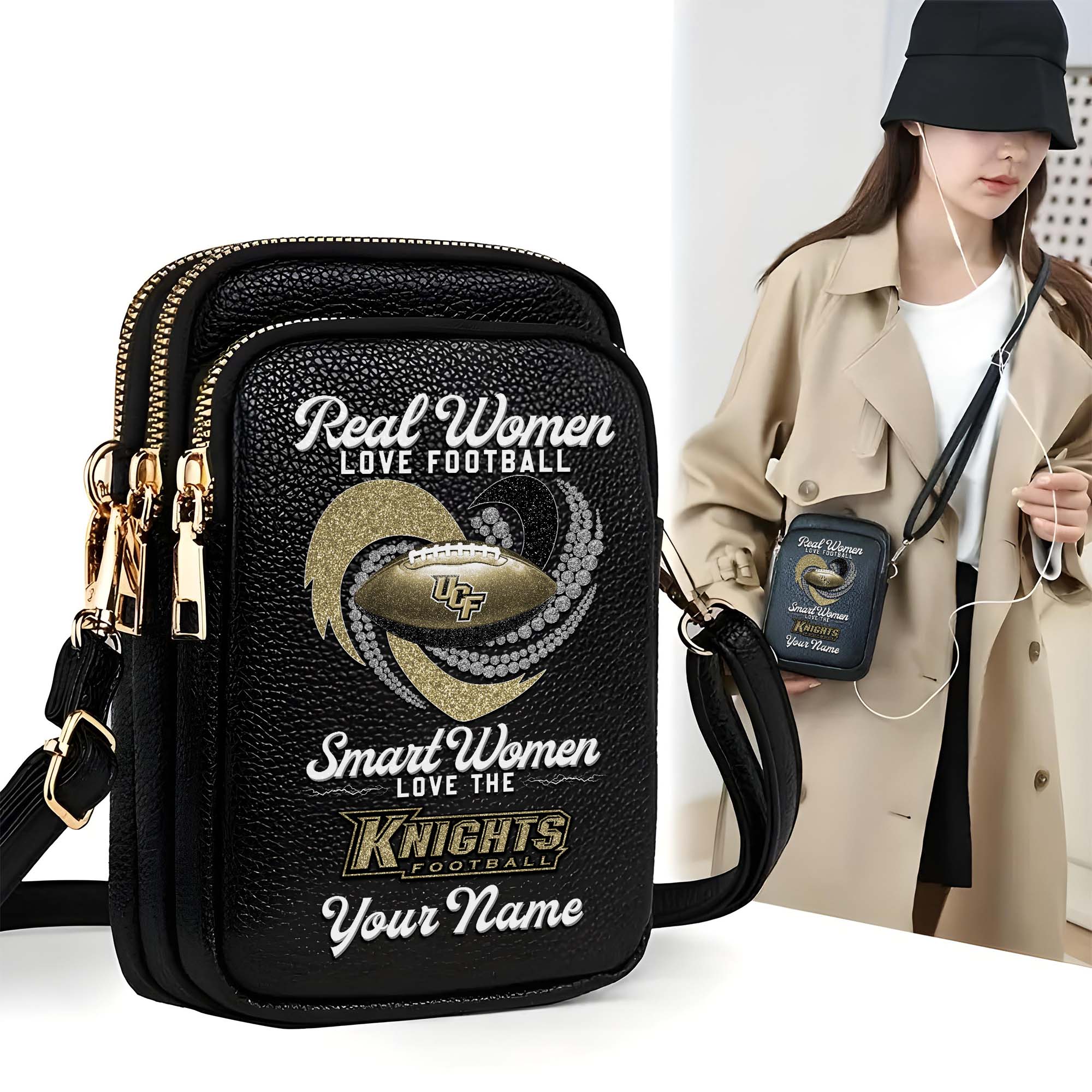 UCF Knights Customized Womens Mobile Phone Bag With Your Name, Leather Crossbody Bag, Fan Gifts