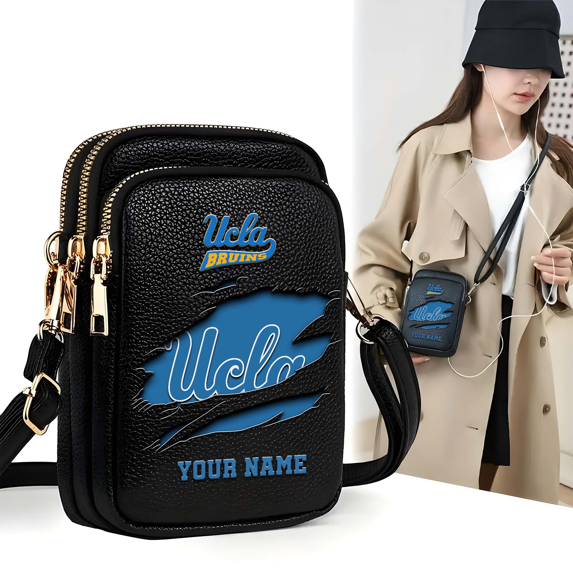 UCLA Bruins Customized Womens Mobile Phone Bag With Your Name, Leather Crossbody Bag, Fan Gifts